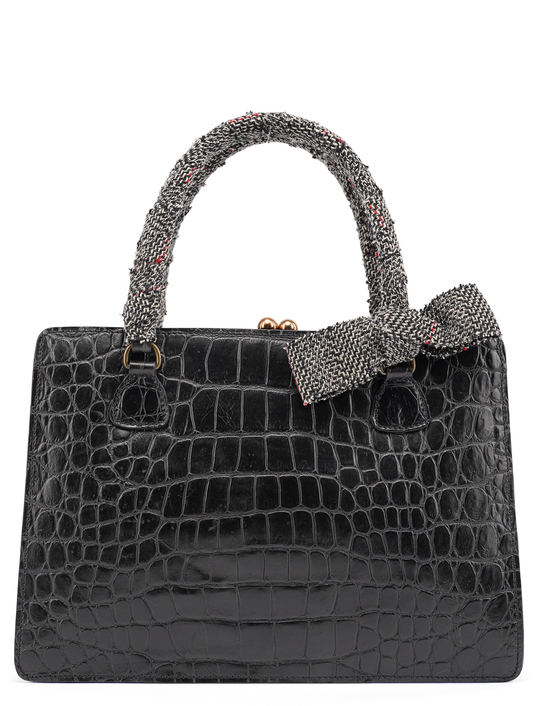 Black Croc Embossed Leather Clutch Tote Bag