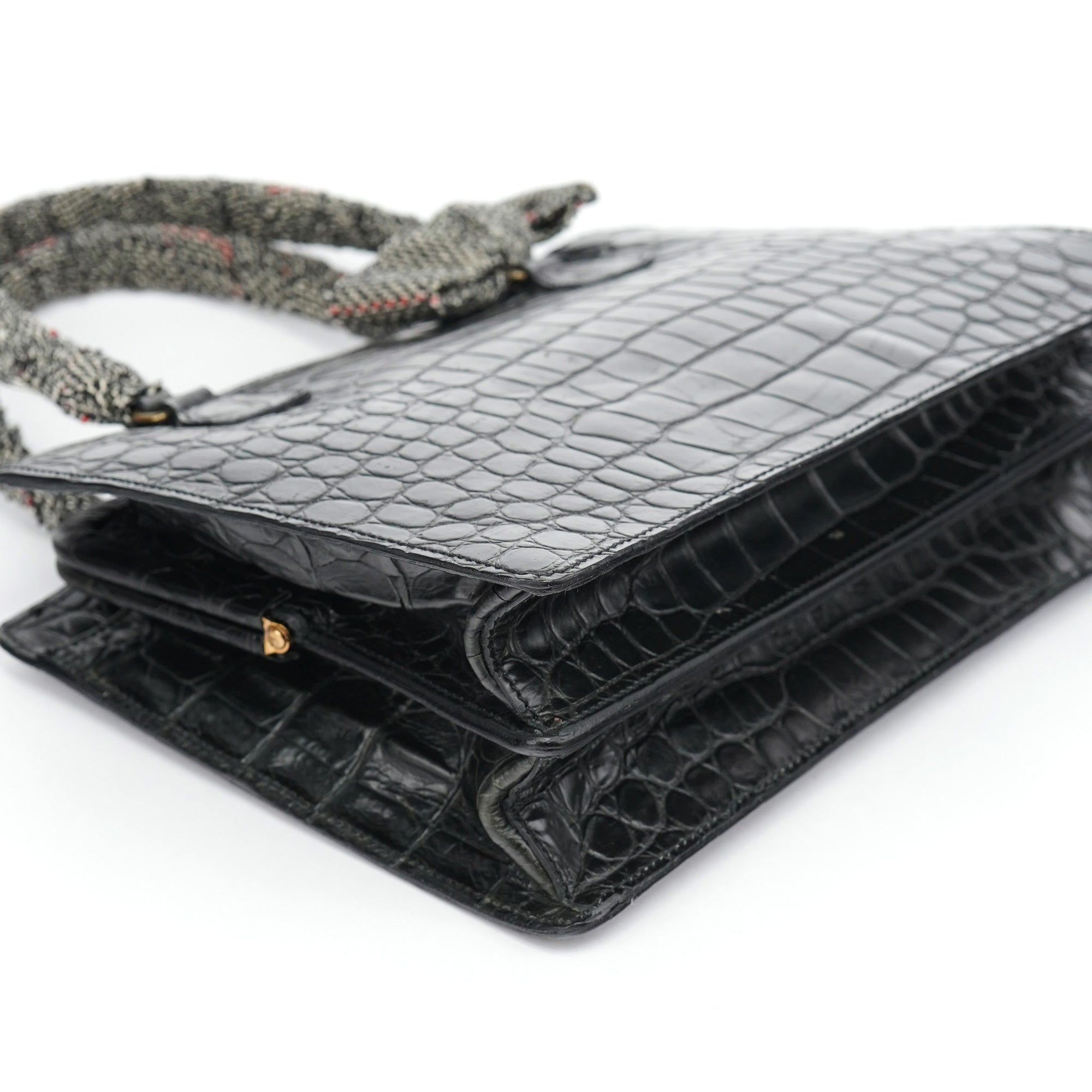 Black Croc Embossed Leather Clutch Tote Bag