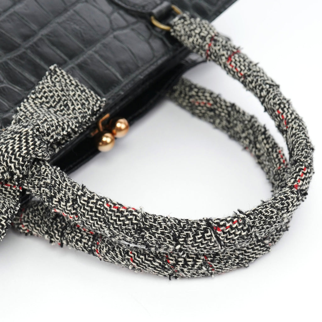 Black Croc Embossed Leather Clutch Tote Bag
