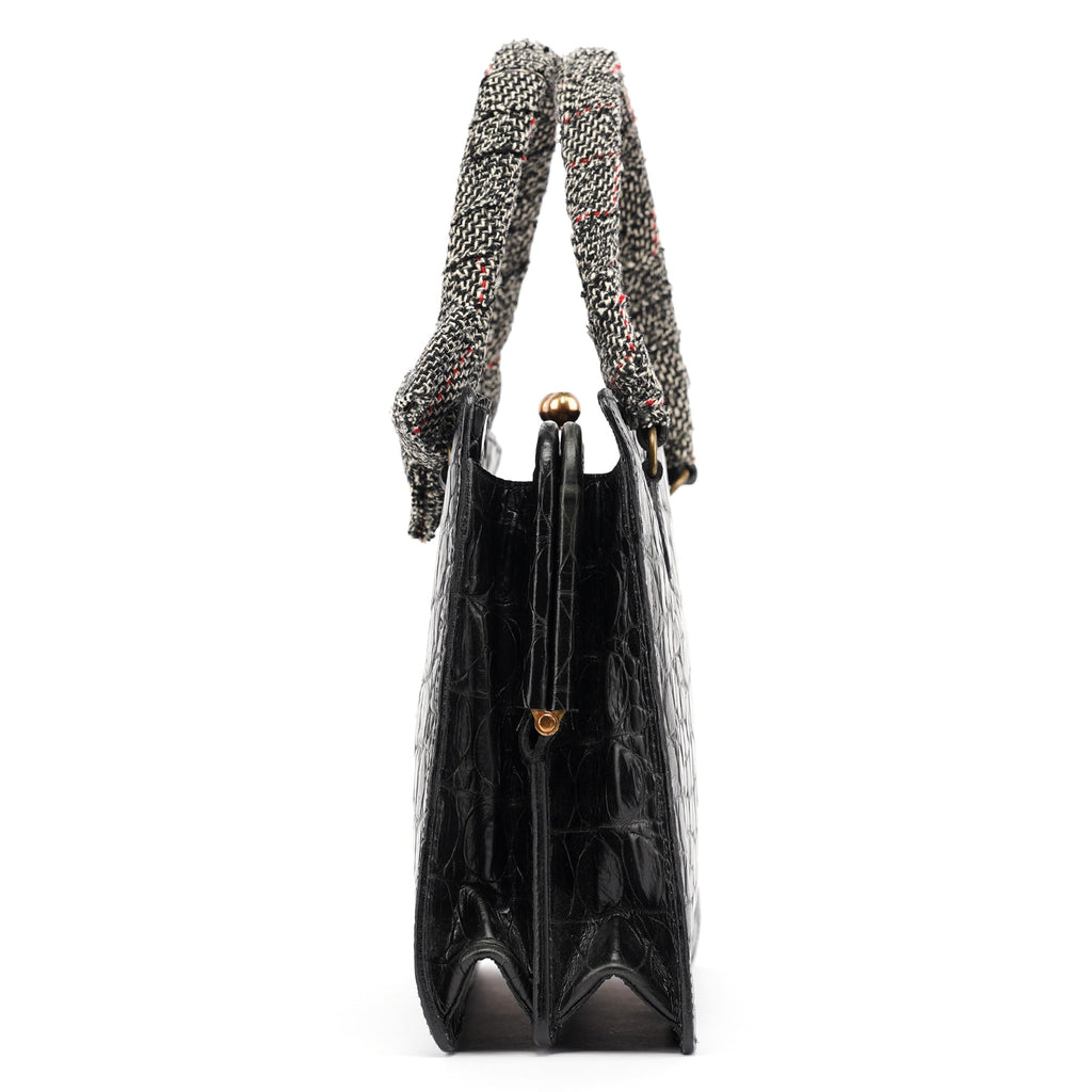 Black Croc Embossed Leather Clutch Tote Bag