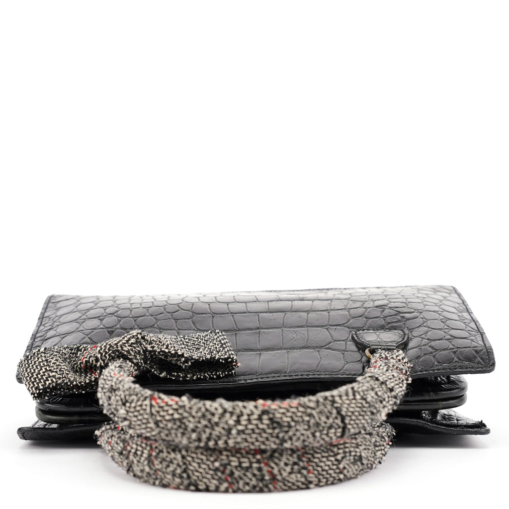 Black Croc Embossed Leather Clutch Tote Bag