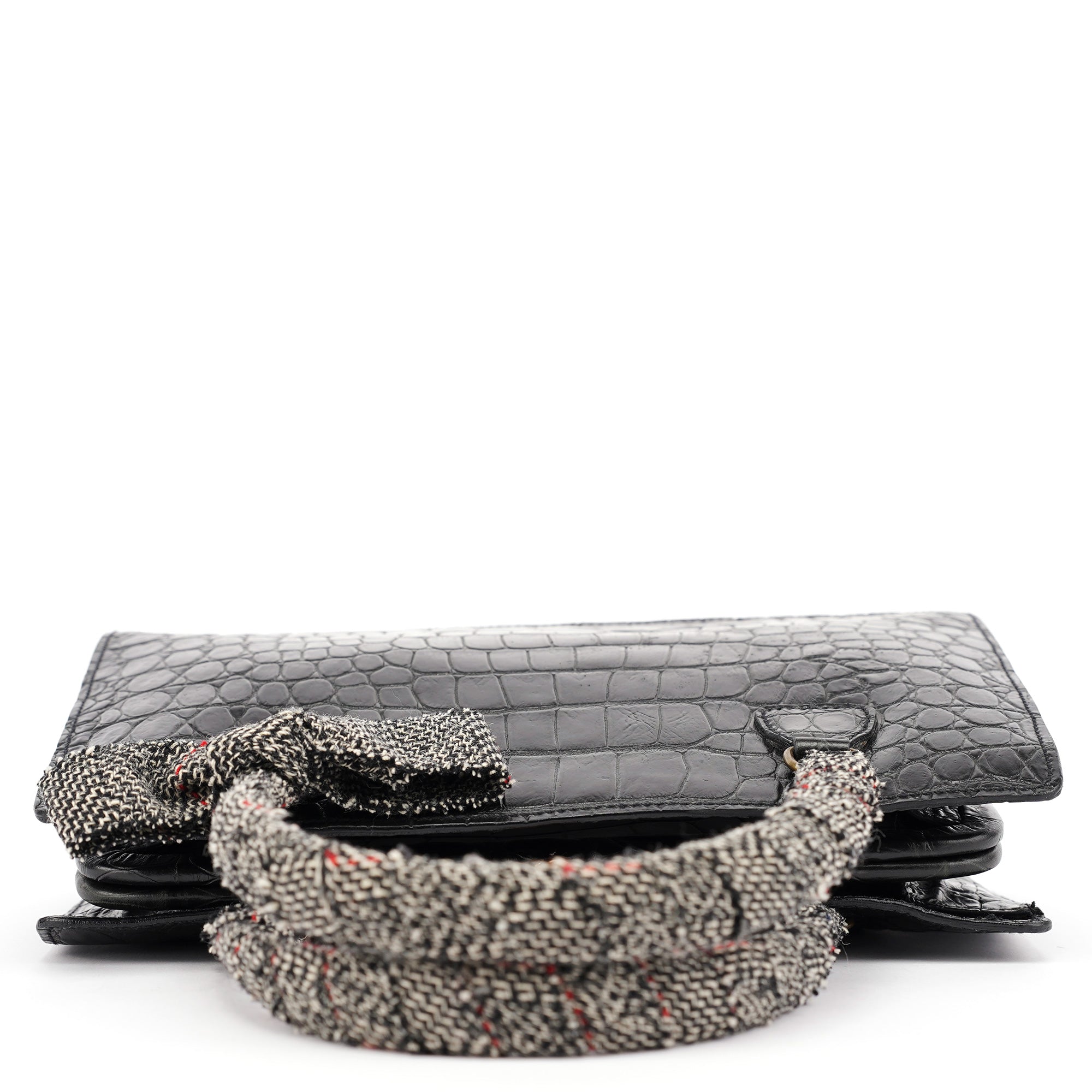 Black Croc Embossed Leather Clutch Tote Bag