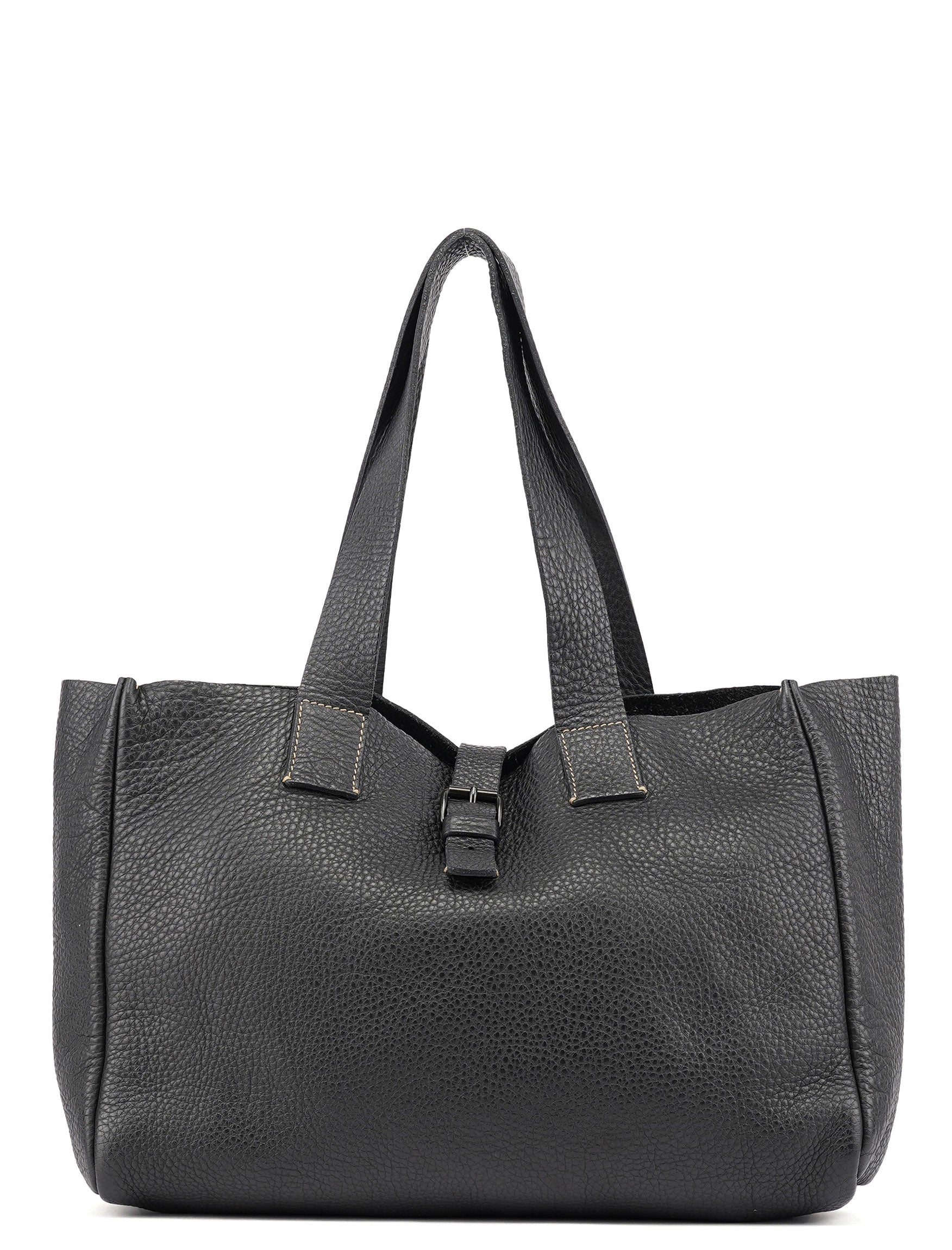Black Pebbled Leather Belt Tote