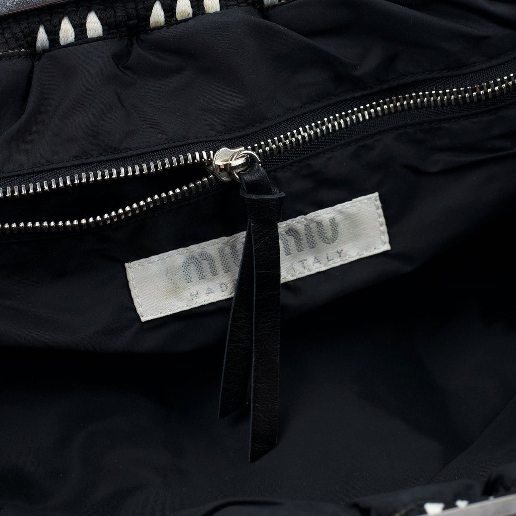 Black White Woven Canvas Shoulder Bag