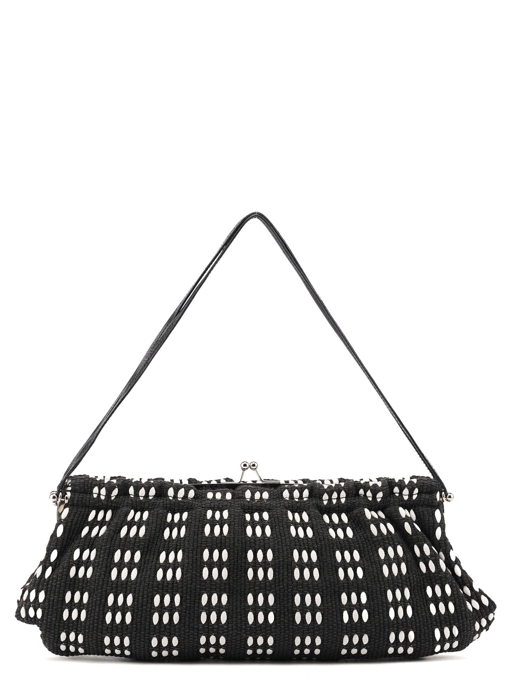Black White Woven Canvas Shoulder Bag