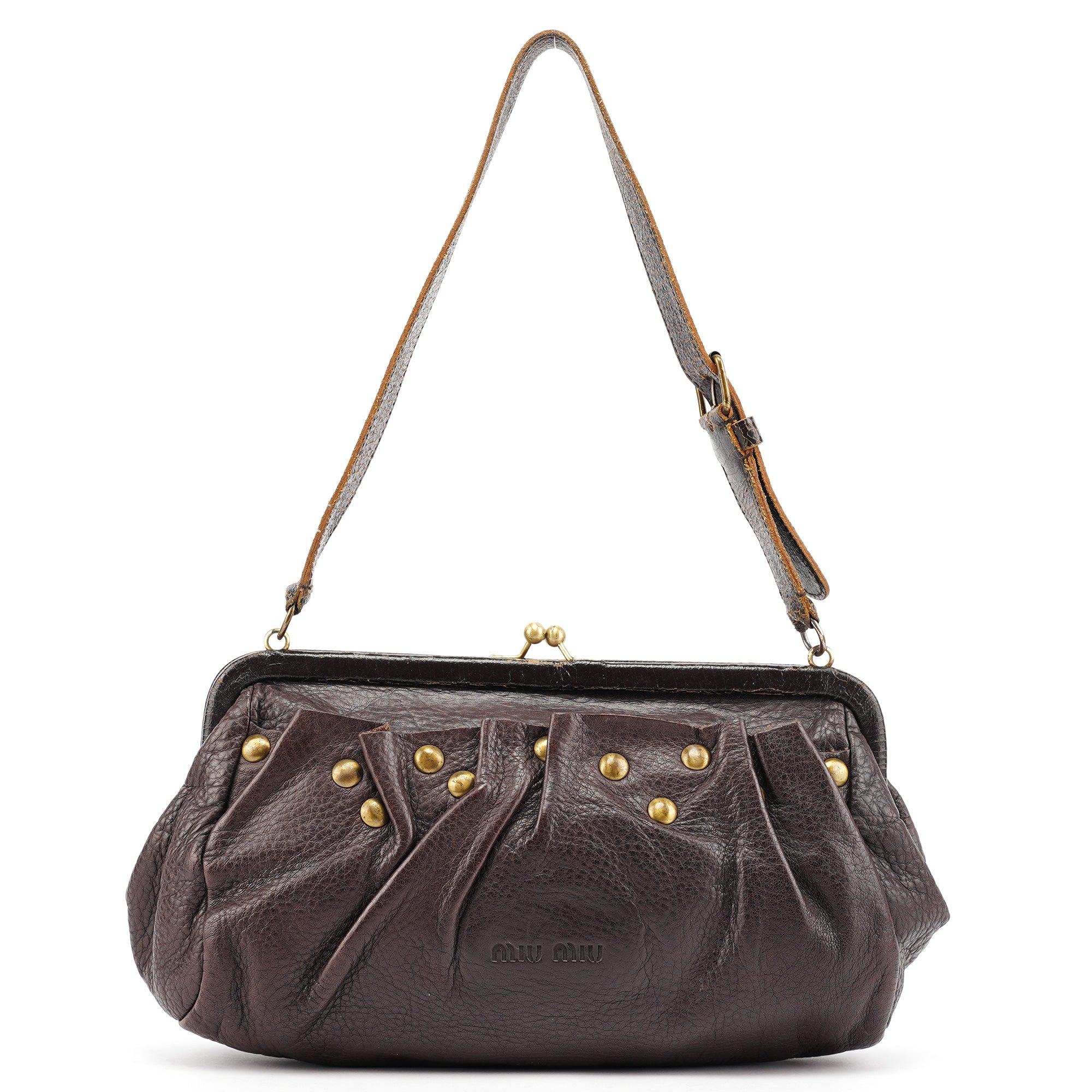 Brown Crackled Leather Clutch Shoulder Bag