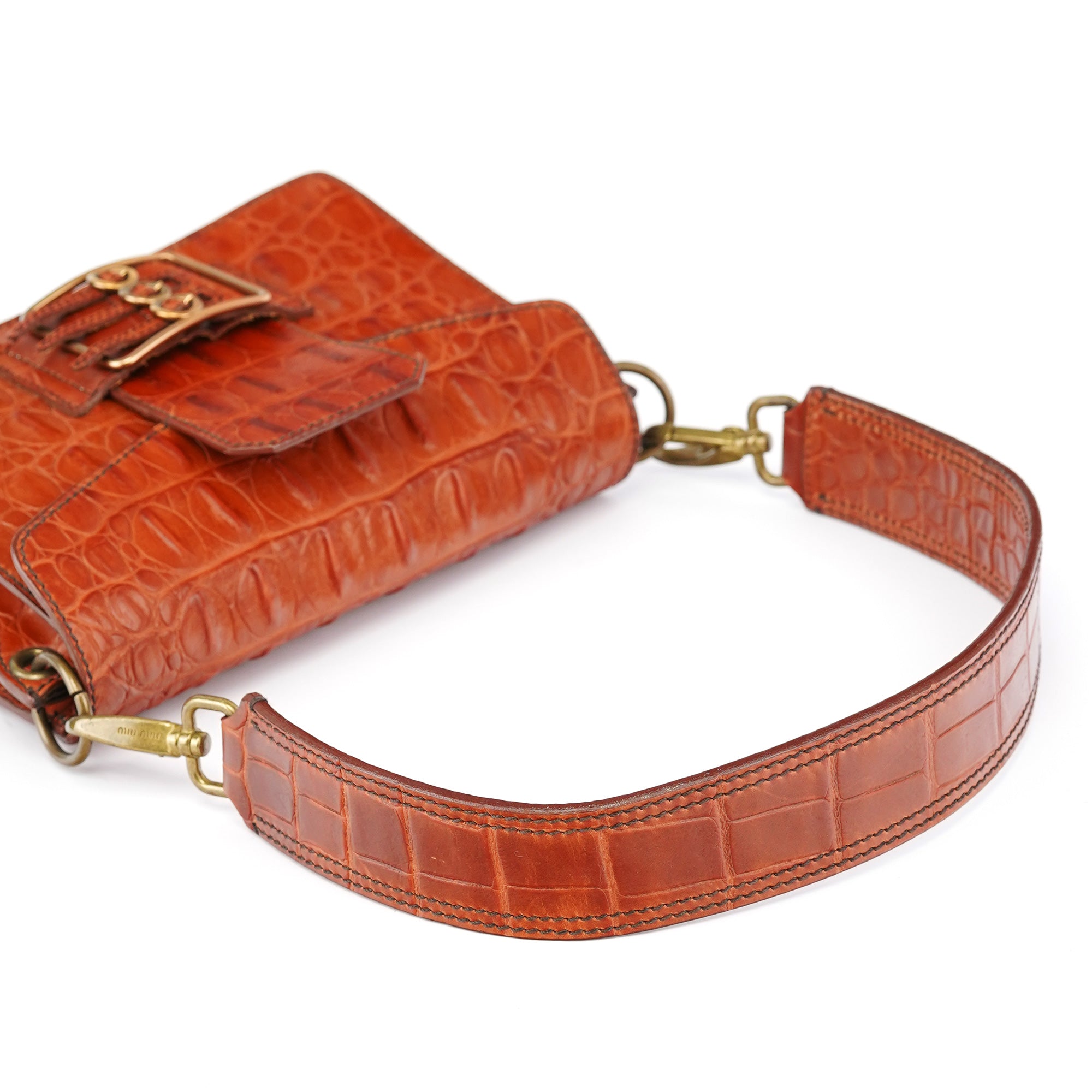 Brown Croc Embossed Belt Shoulder Bag