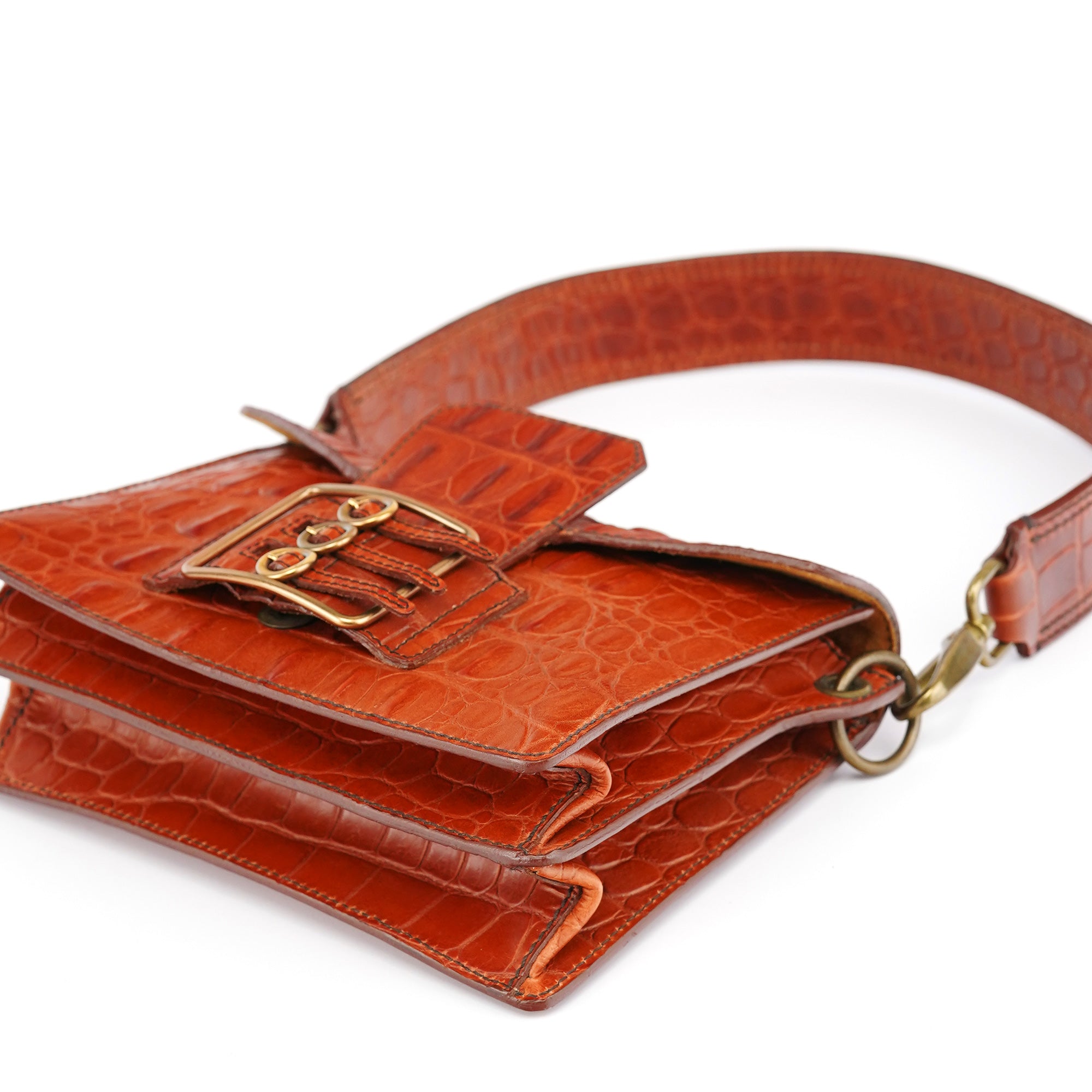 Brown Croc Embossed Belt Shoulder Bag