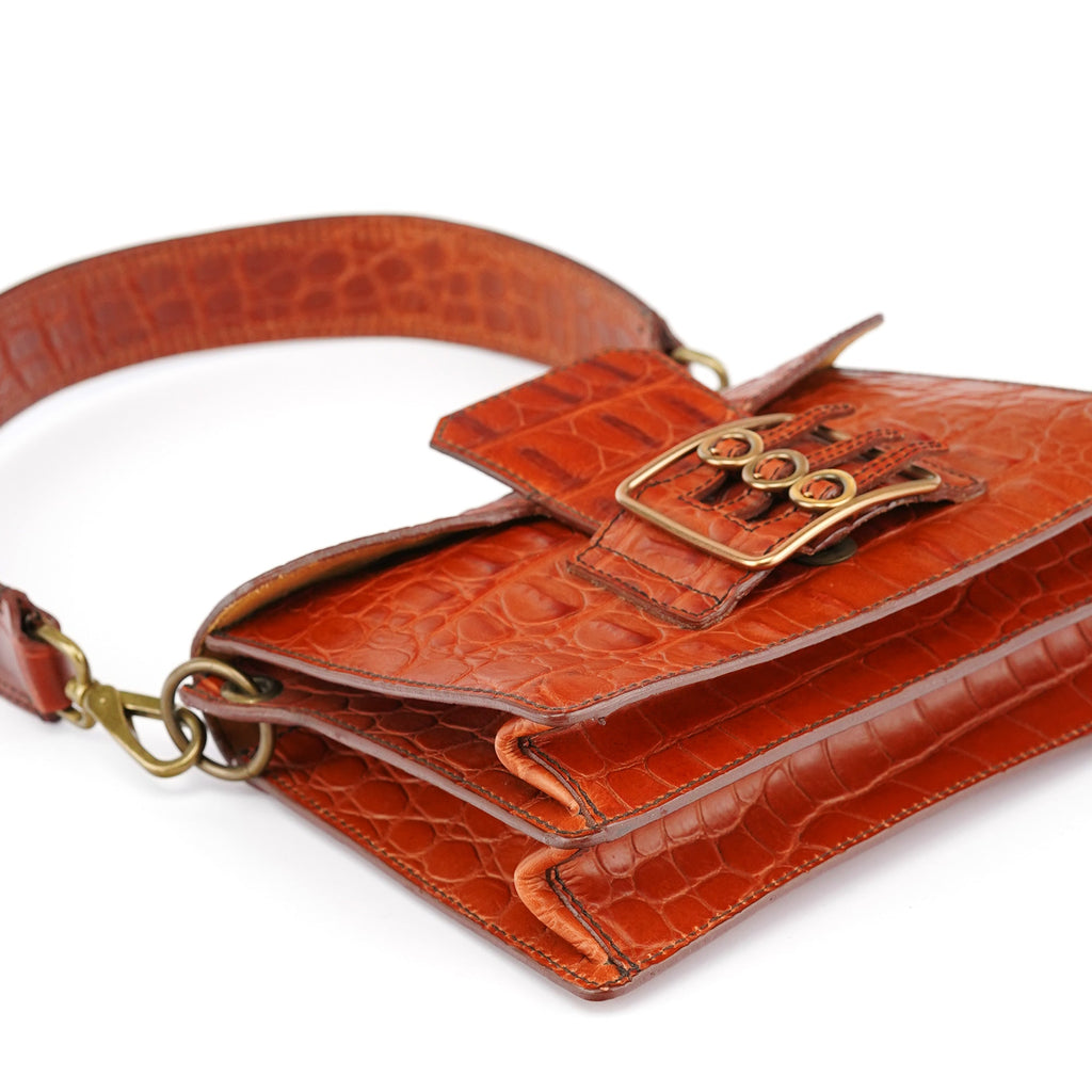 Brown Croc Embossed Belt Shoulder Bag