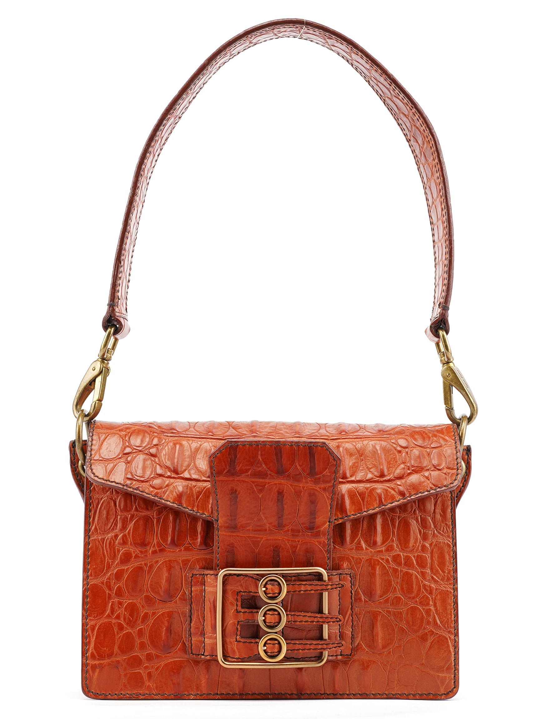 Brown Croc Embossed Belt Shoulder Bag