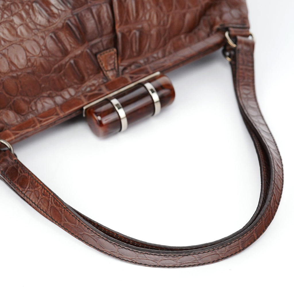 Brown Croc Embossed Clutch Shoulder Bag