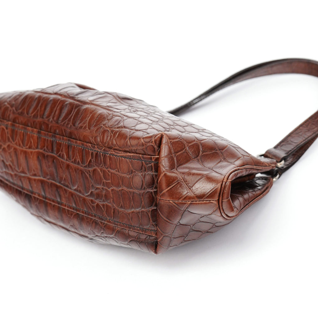 Brown Croc Embossed Clutch Shoulder Bag