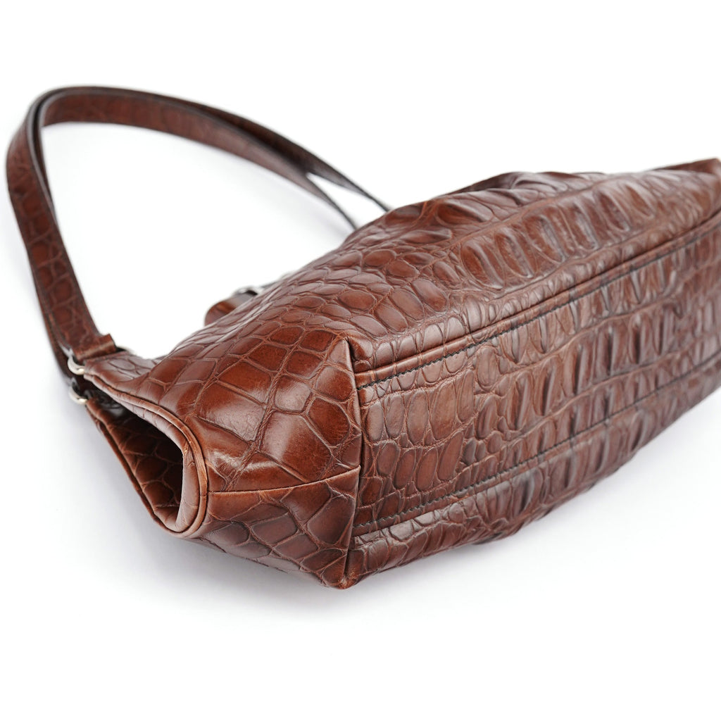 Brown Croc Embossed Clutch Shoulder Bag