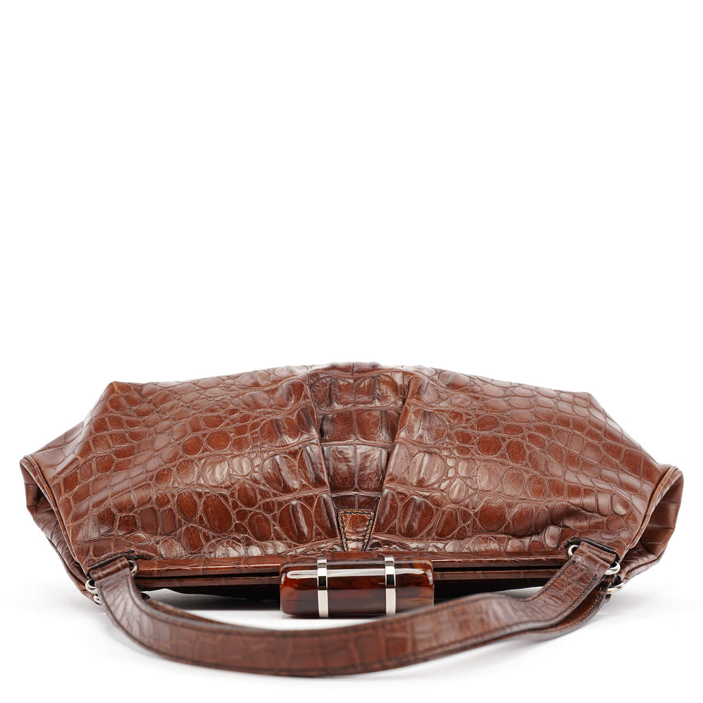 Brown Croc Embossed Clutch Shoulder Bag