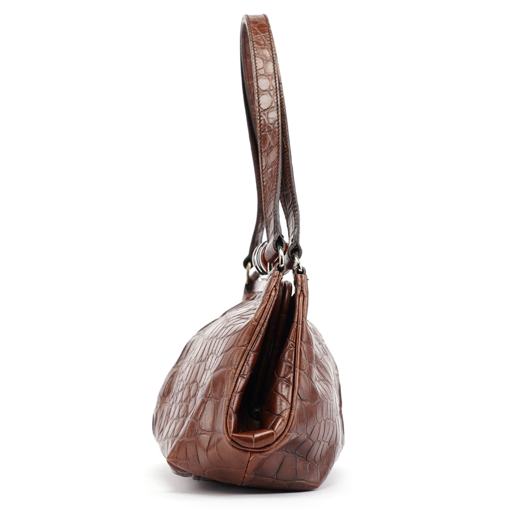 Brown Croc Embossed Clutch Shoulder Bag