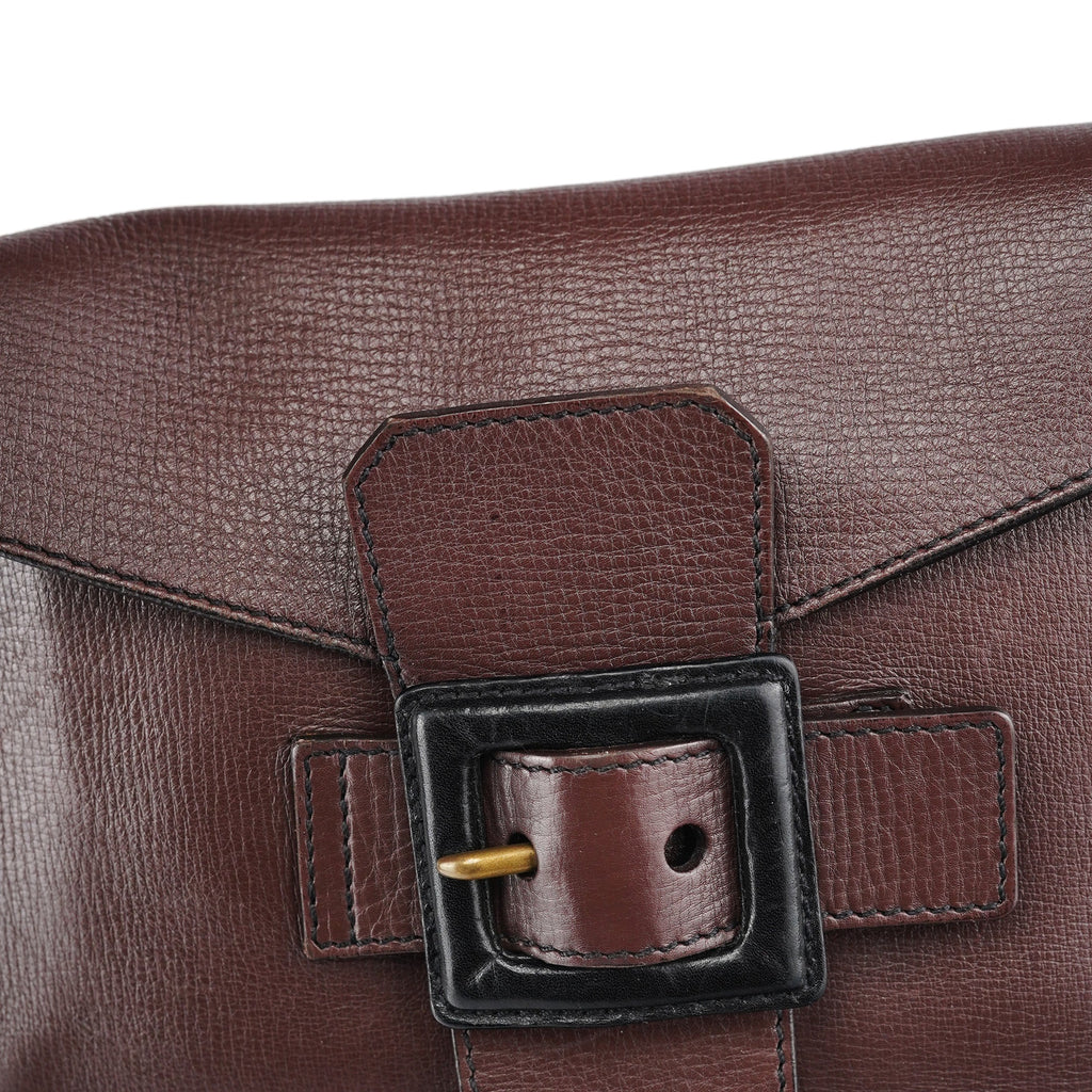 Brown Textured Leather Buckle Shoulder Bag