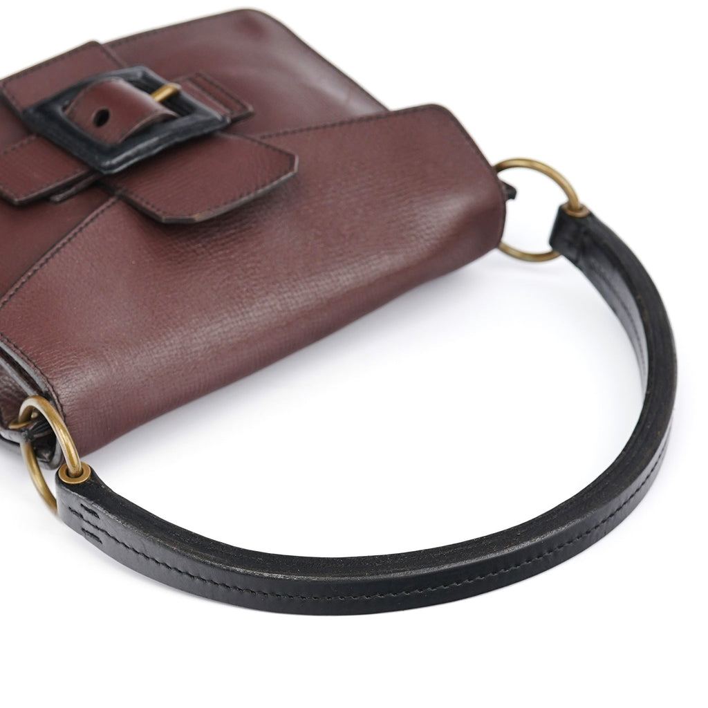 Brown Textured Leather Buckle Shoulder Bag