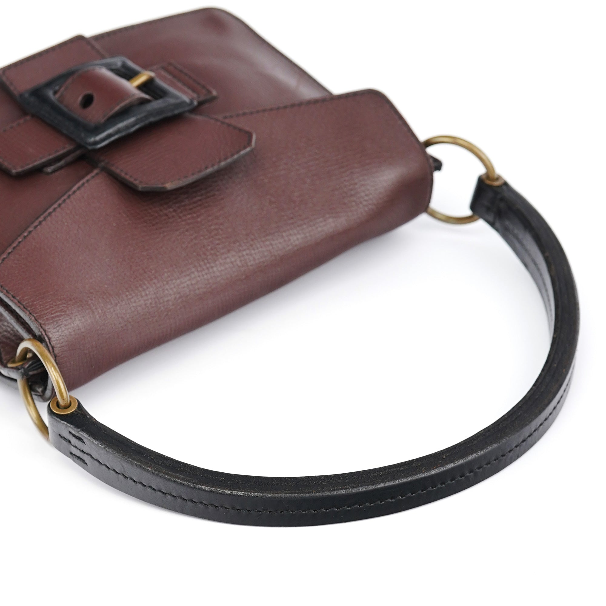 Brown Textured Leather Buckle Shoulder Bag