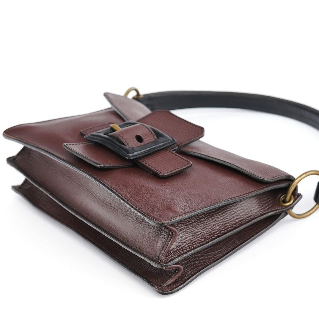 Brown Textured Leather Buckle Shoulder Bag