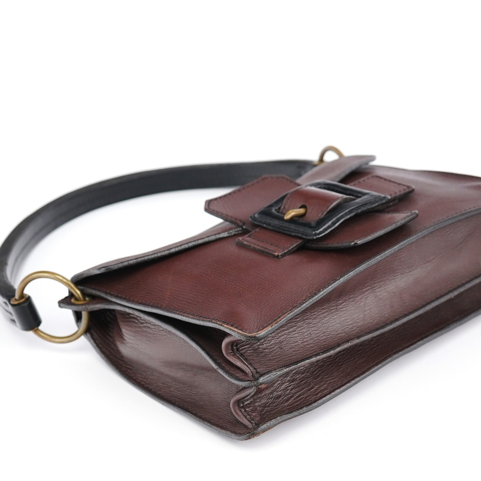Brown Textured Leather Buckle Shoulder Bag