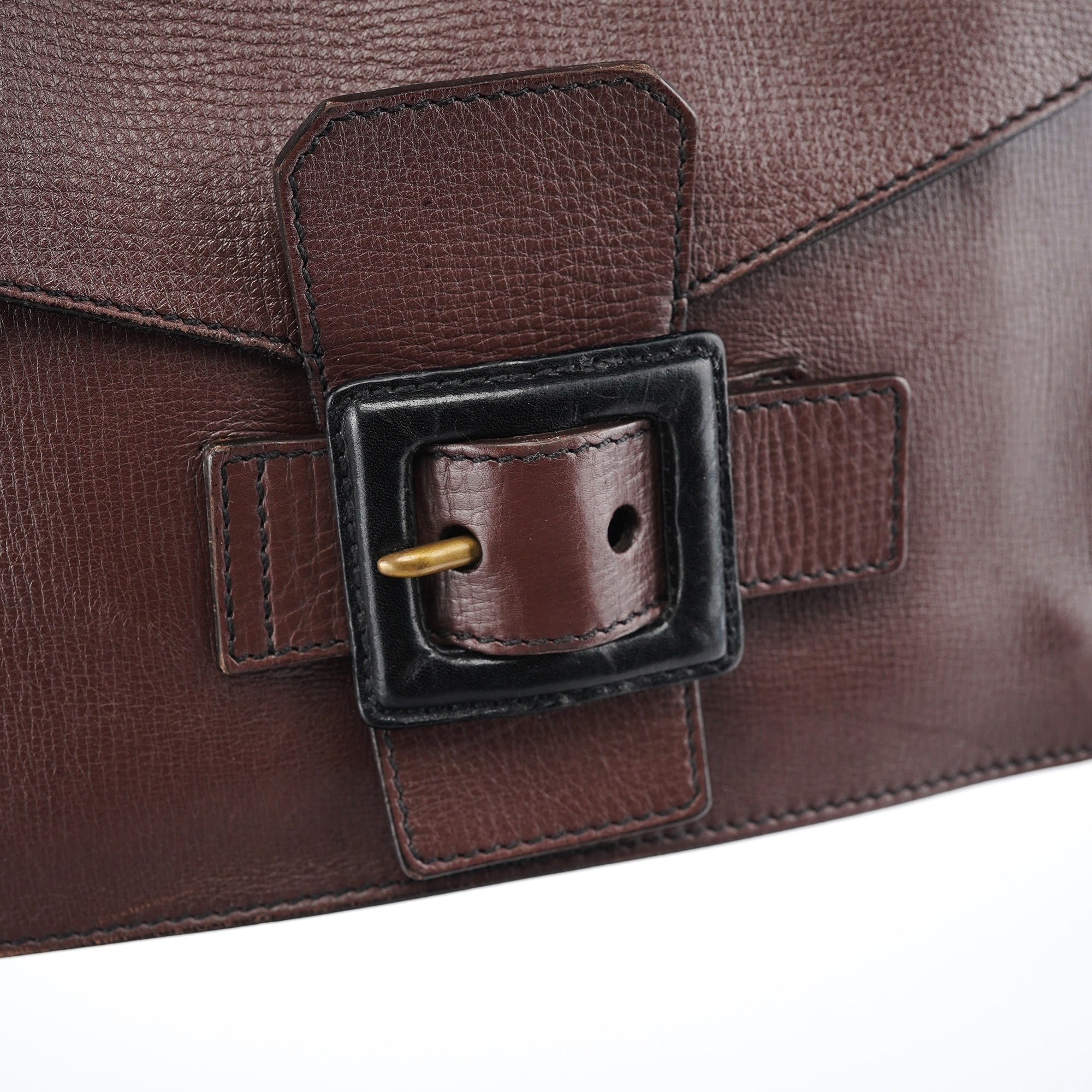 Brown Textured Leather Buckle Shoulder Bag