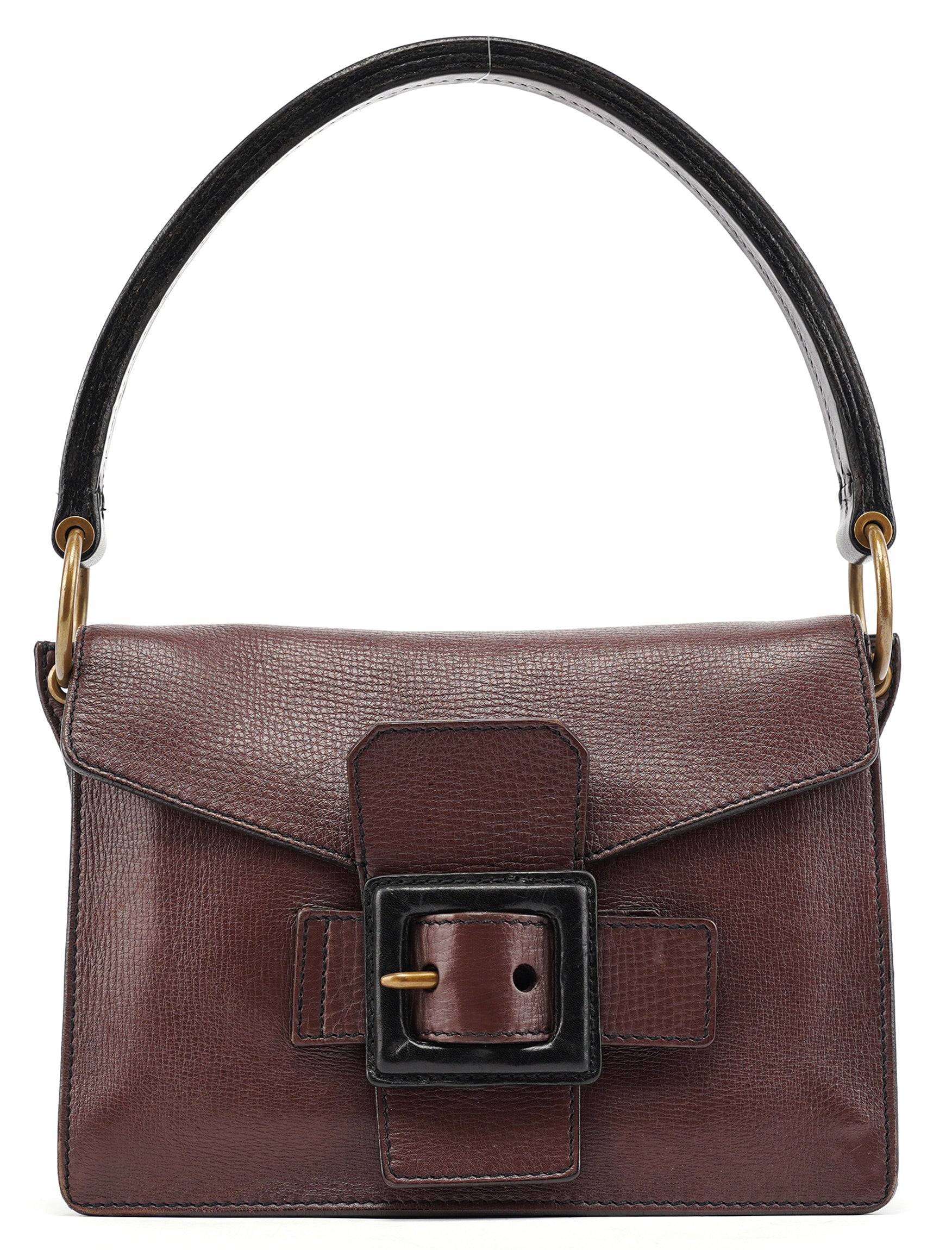Brown Textured Leather Buckle Shoulder Bag