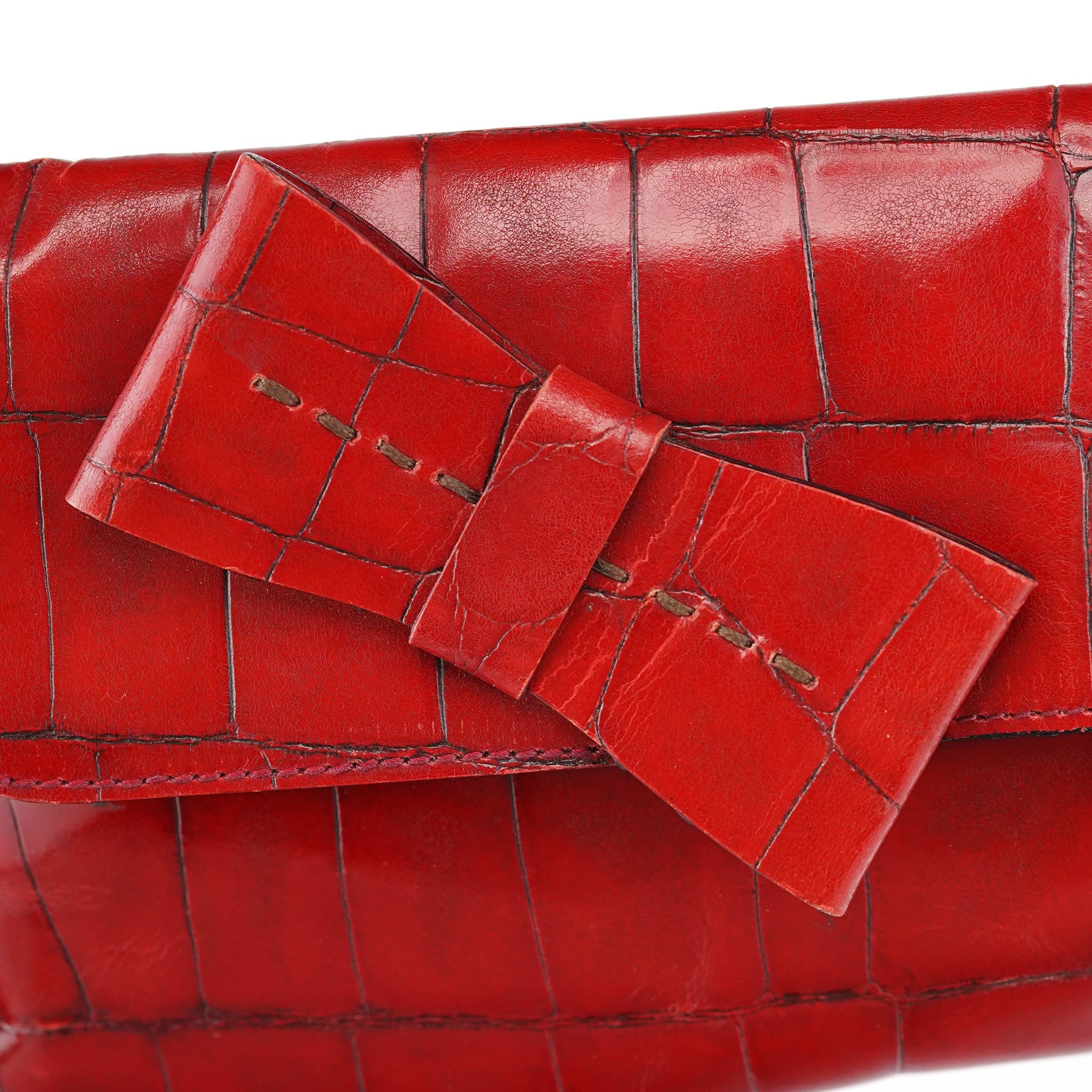 Burgundy Croc Embossed Bow Chain Shoulder Bag