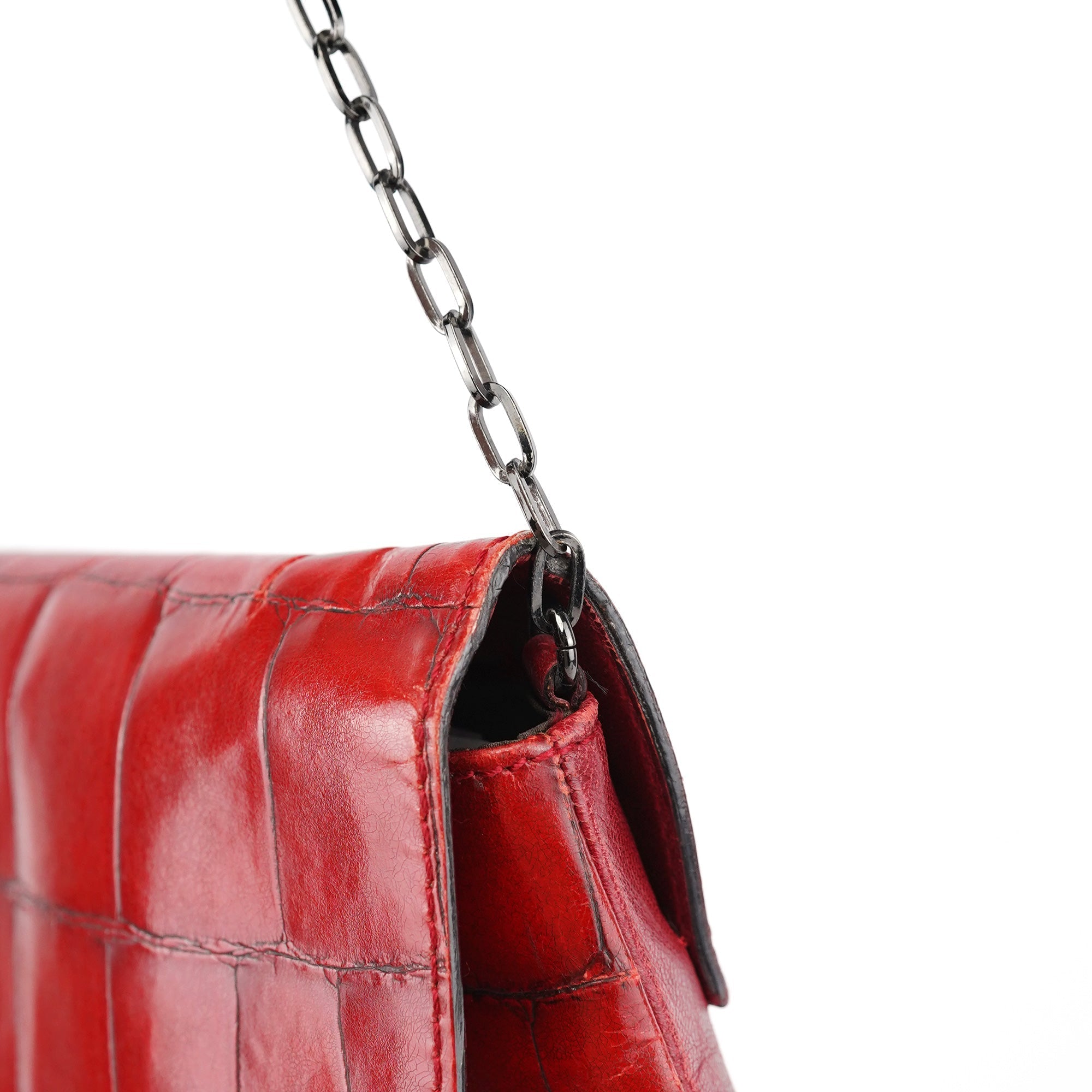 Burgundy Croc Embossed Bow Chain Shoulder Bag