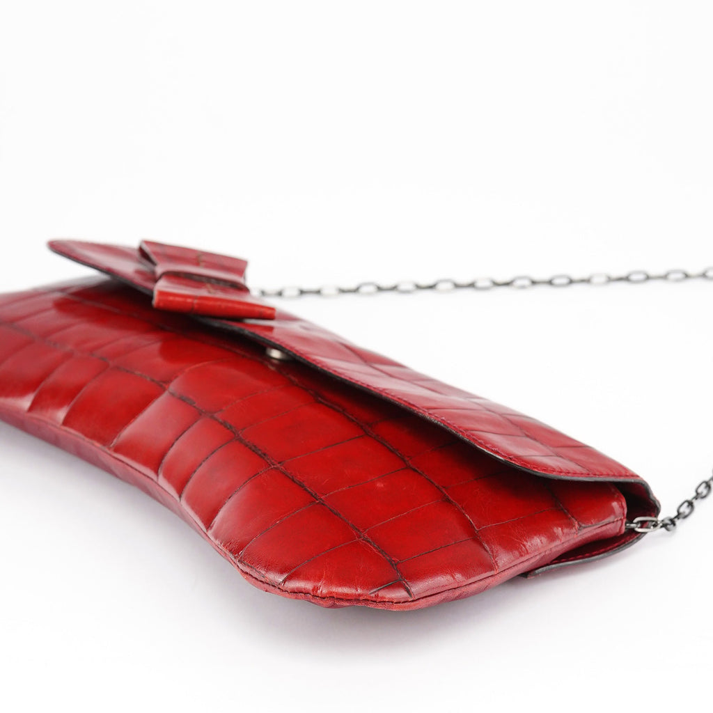 Burgundy Croc Embossed Bow Chain Shoulder Bag