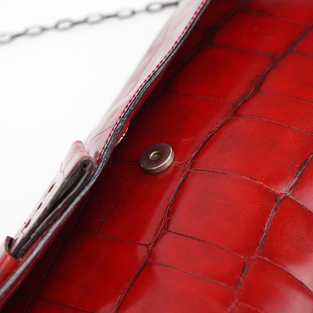 Burgundy Croc Embossed Bow Chain Shoulder Bag