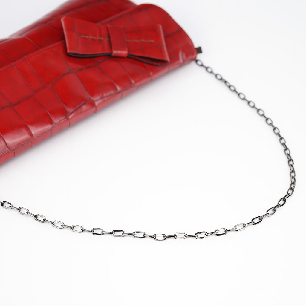Burgundy Croc Embossed Bow Chain Shoulder Bag