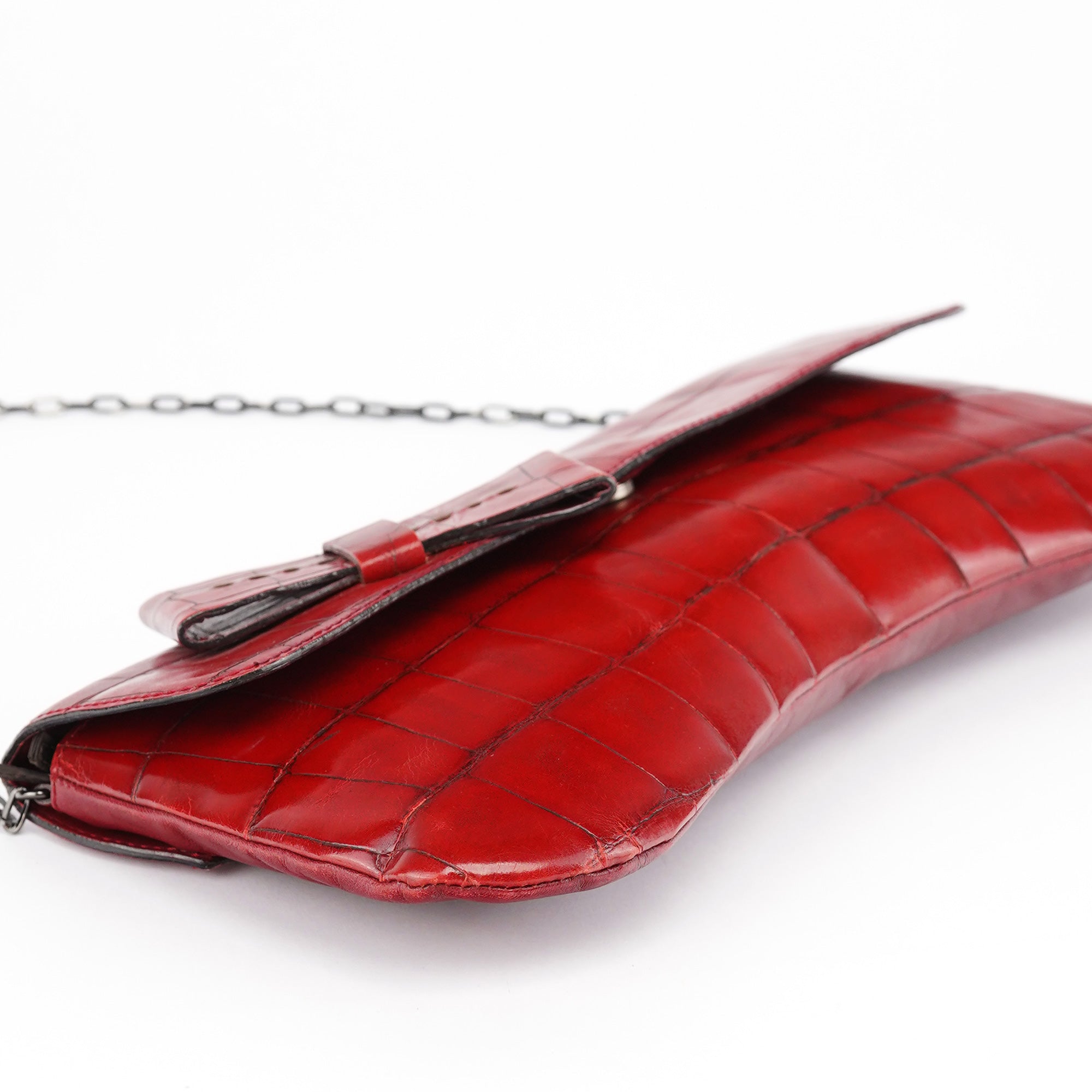 Burgundy Croc Embossed Bow Chain Shoulder Bag