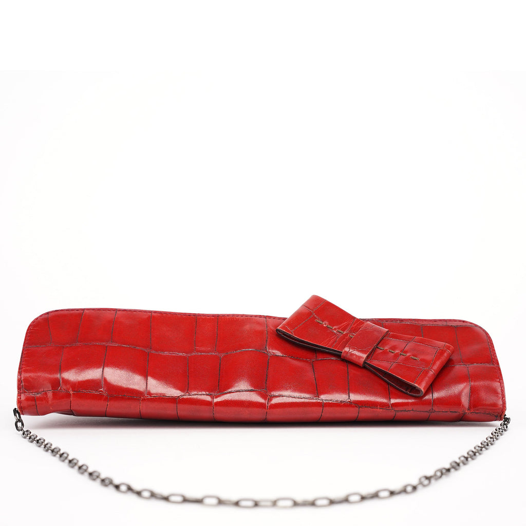 Burgundy Croc Embossed Bow Chain Shoulder Bag