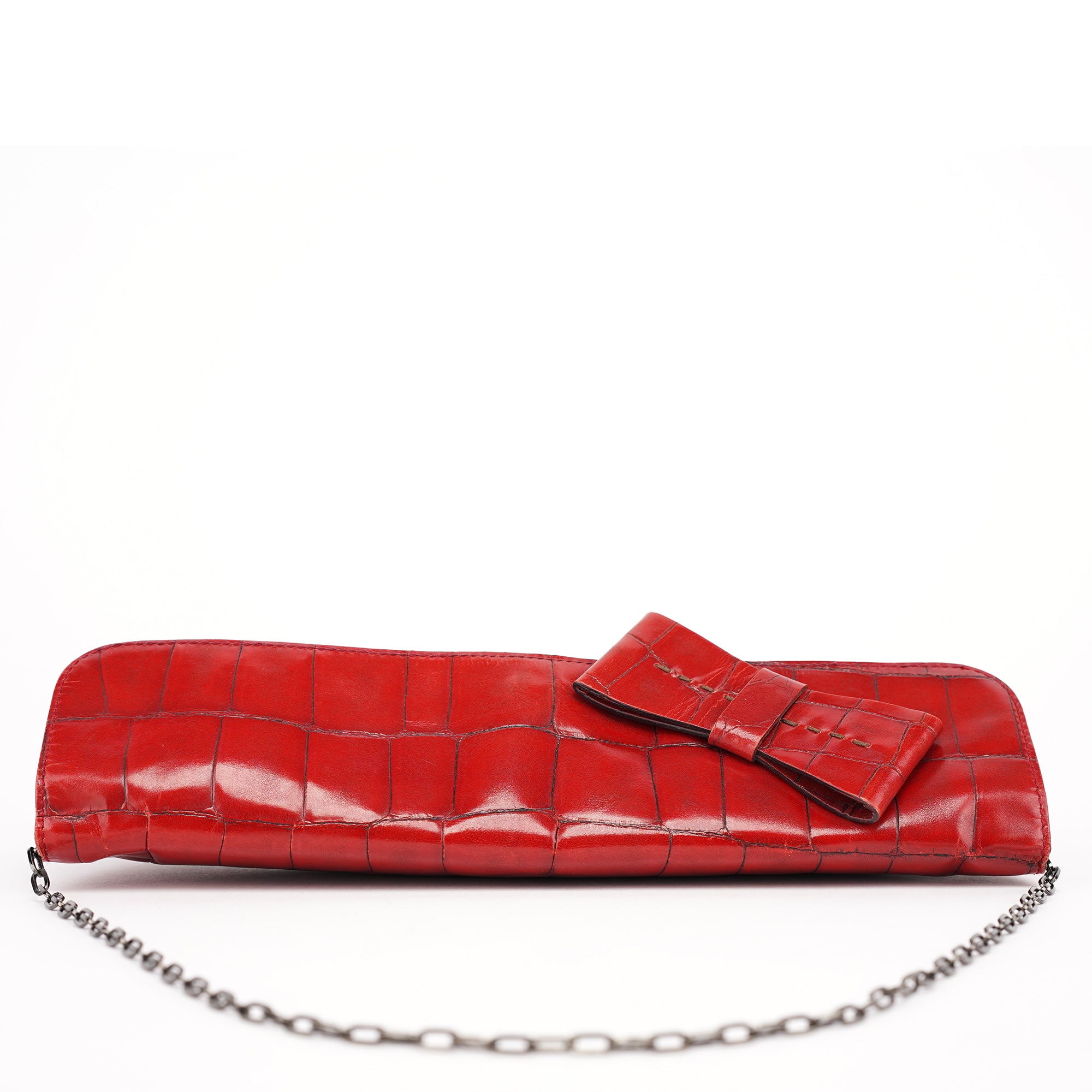 Burgundy Croc Embossed Bow Chain Shoulder Bag
