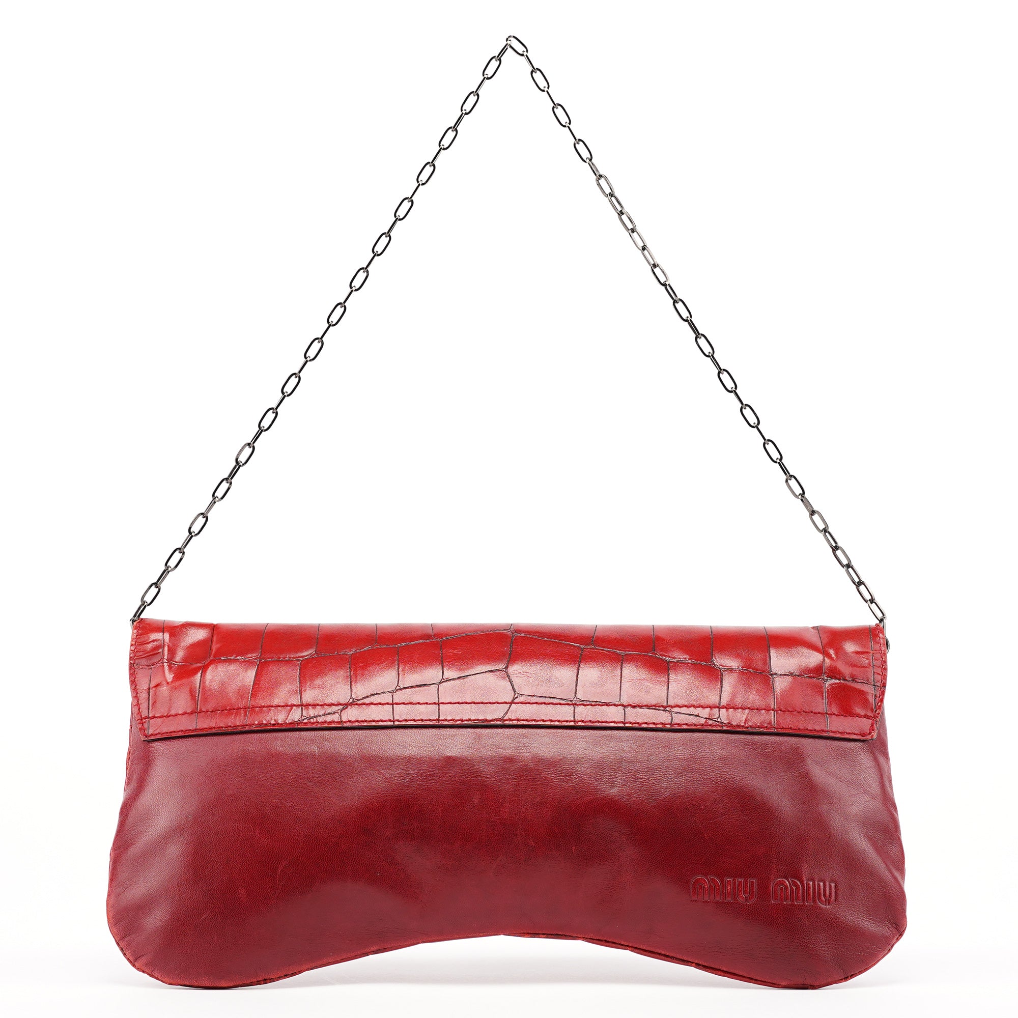 Burgundy Croc Embossed Bow Chain Shoulder Bag