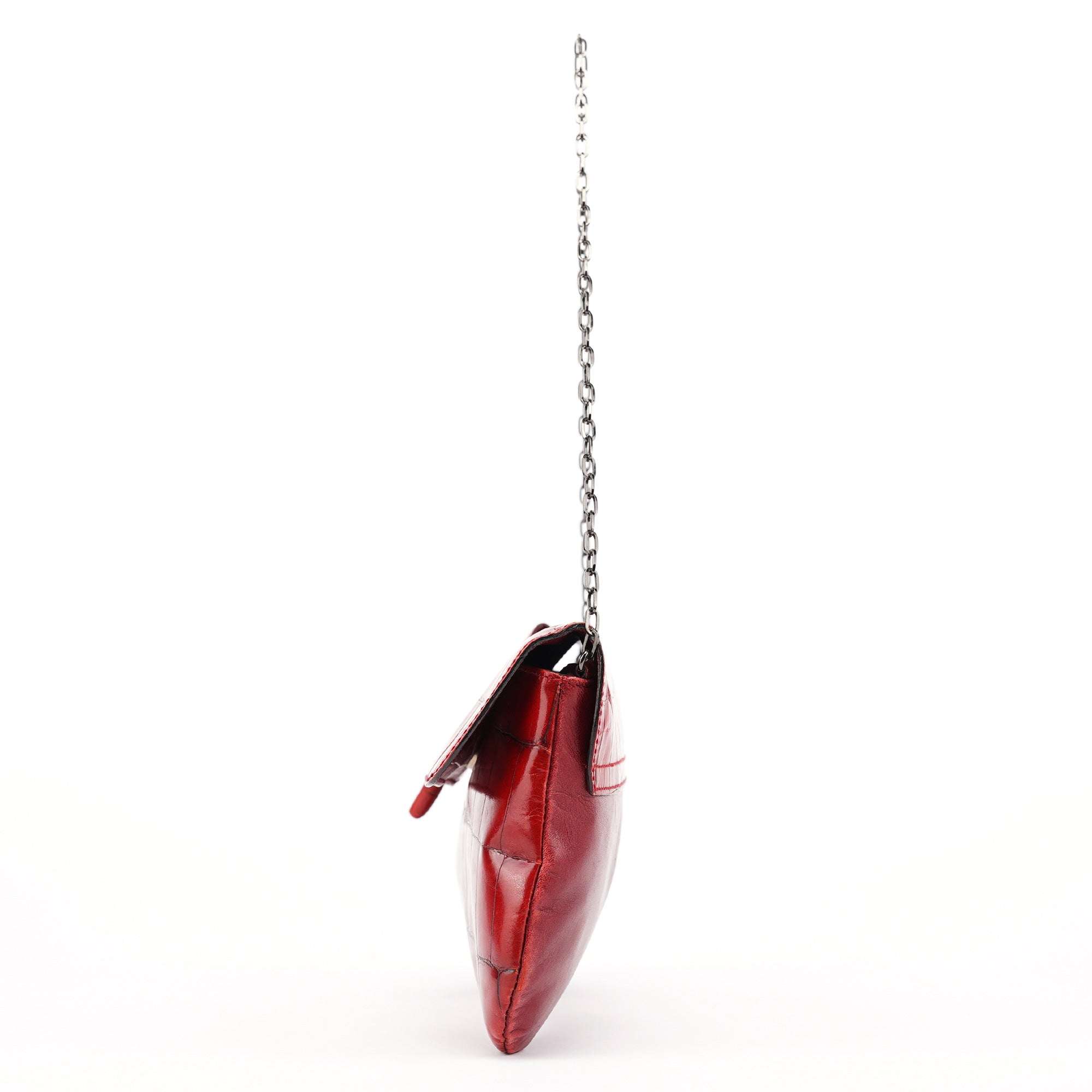 Burgundy Croc Embossed Bow Chain Shoulder Bag