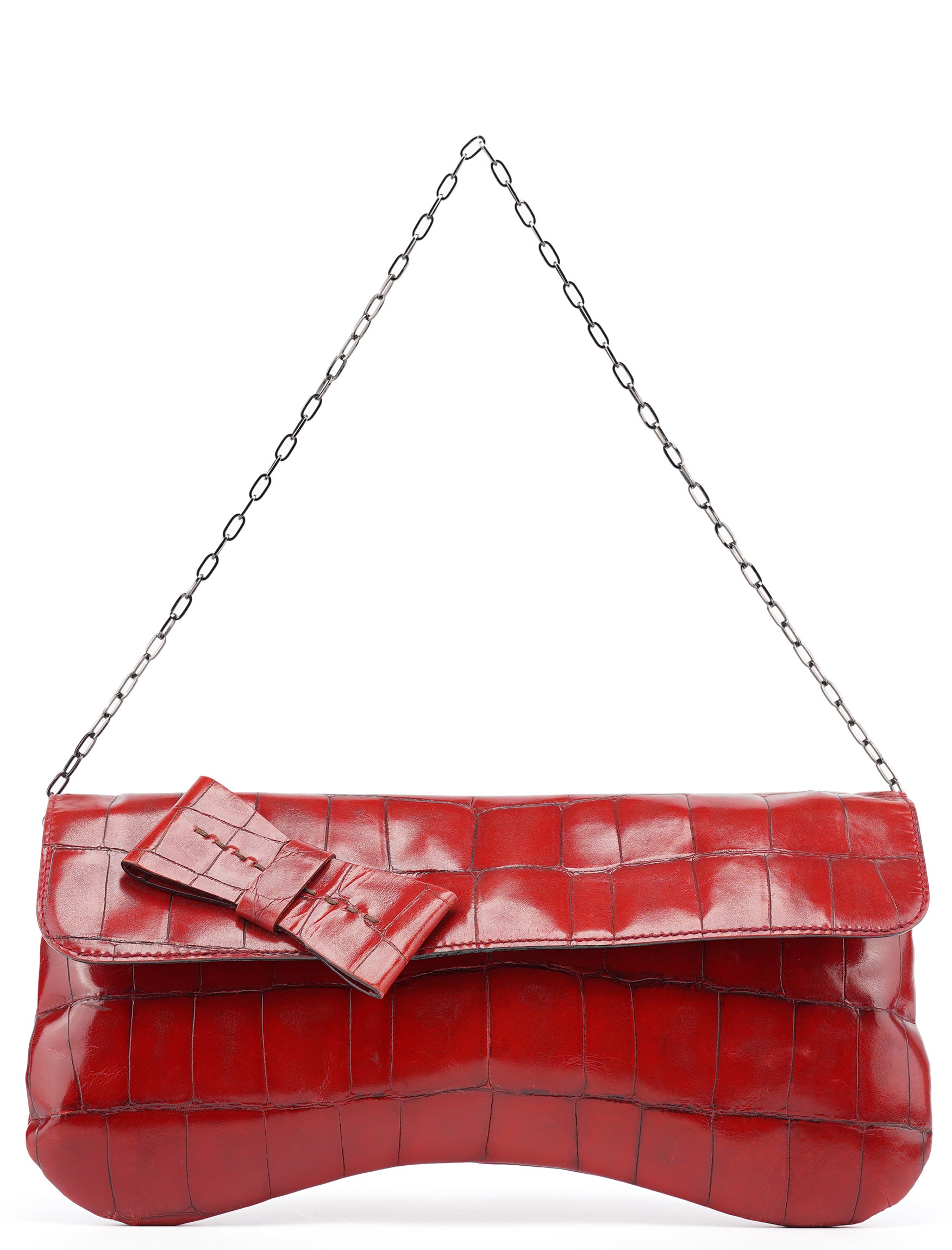 Burgundy Croc Embossed Bow Chain Shoulder Bag