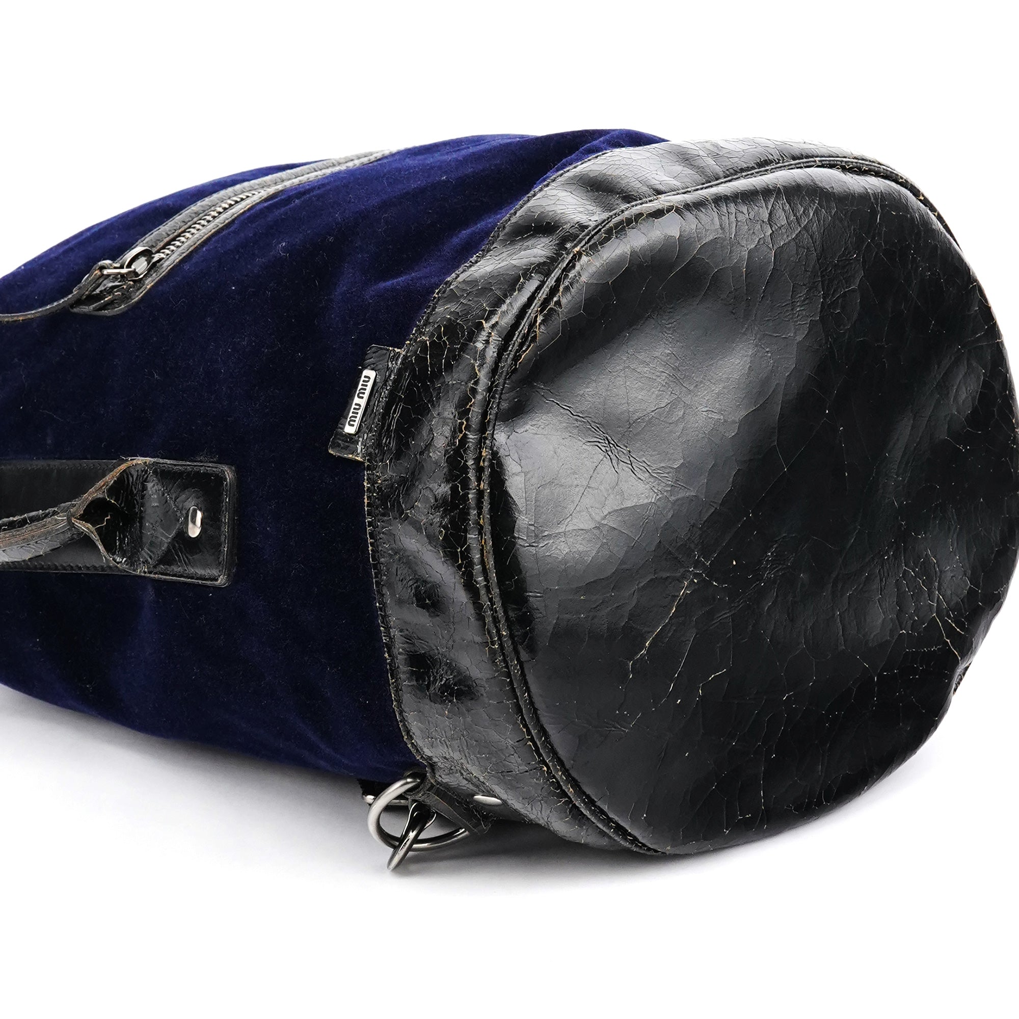Navy Velvet Crackled Leather Duffle Backpack
