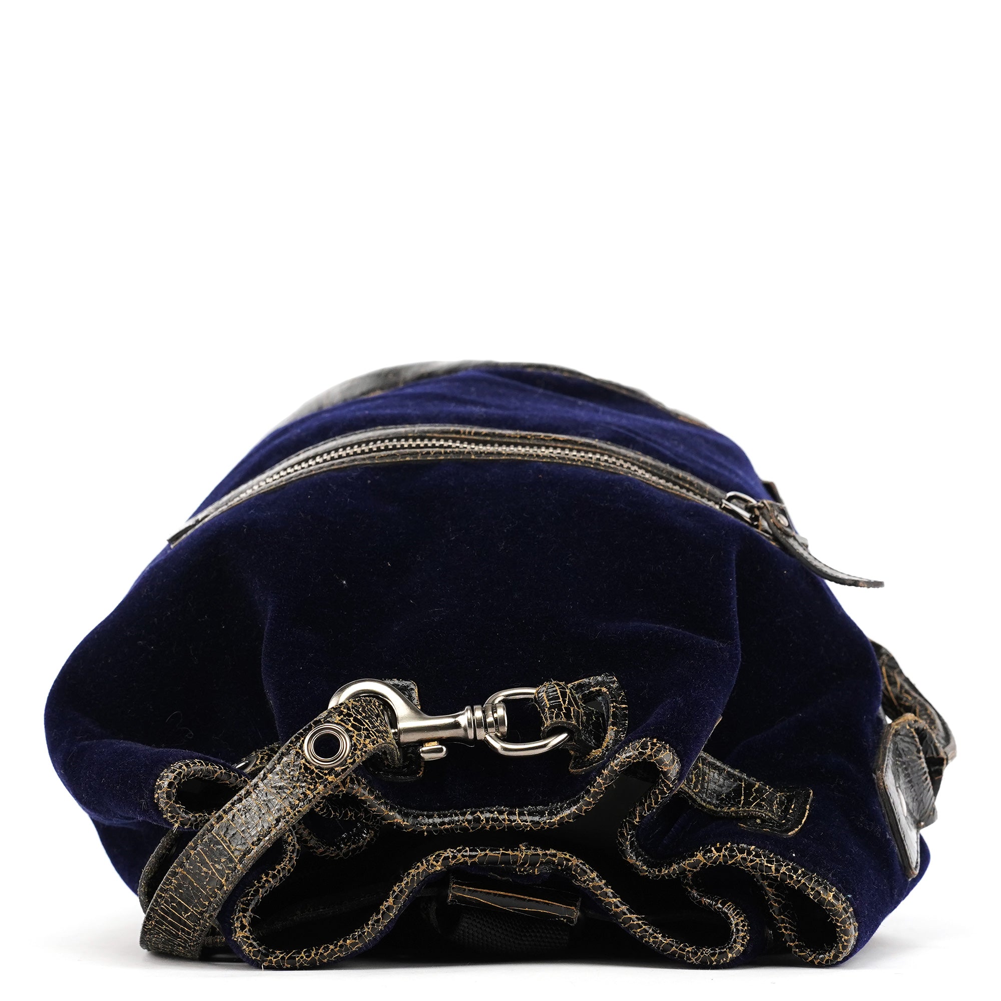 Navy Velvet Crackled Leather Duffle Backpack