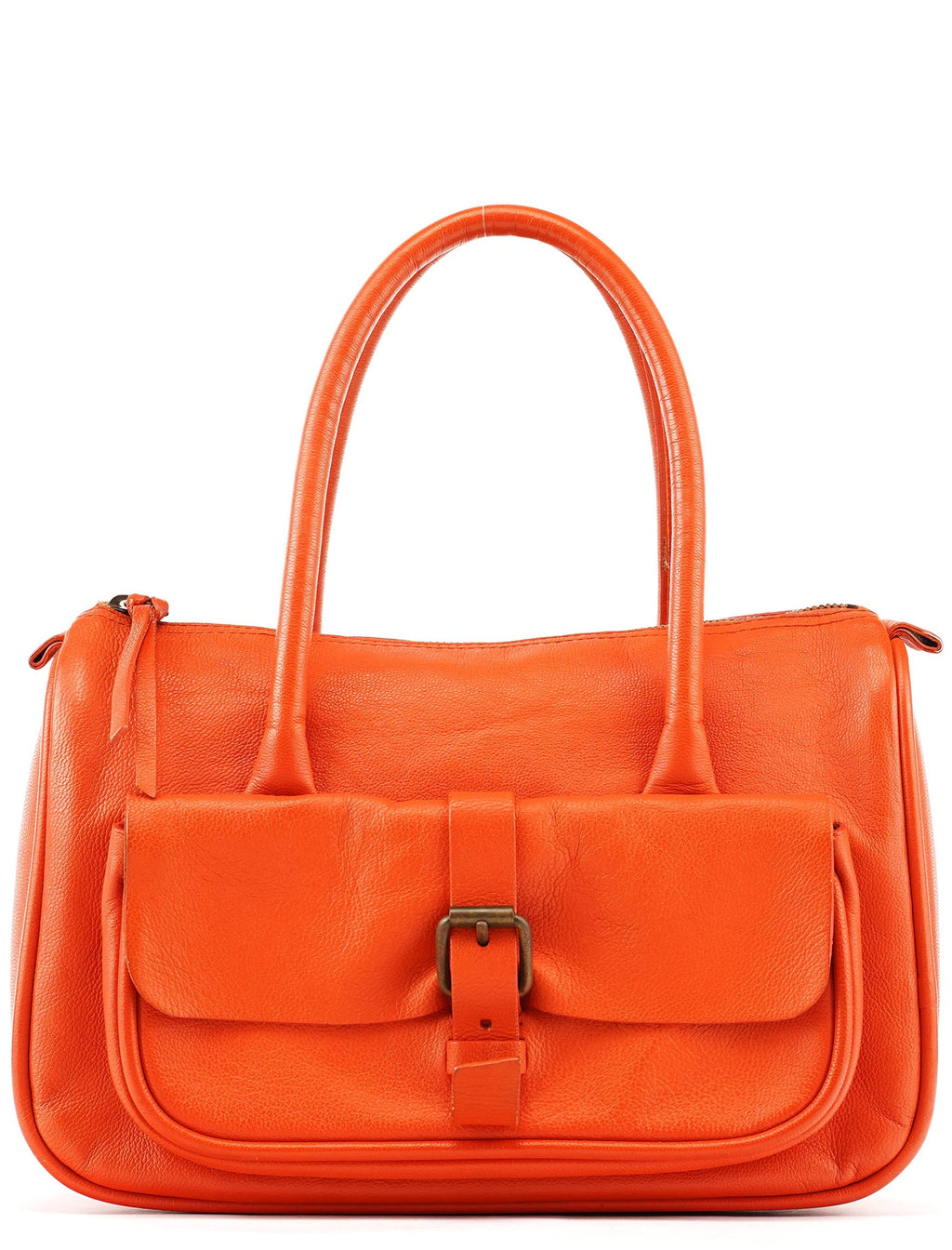 Orange Leather Belt Pocket Tote Bag
