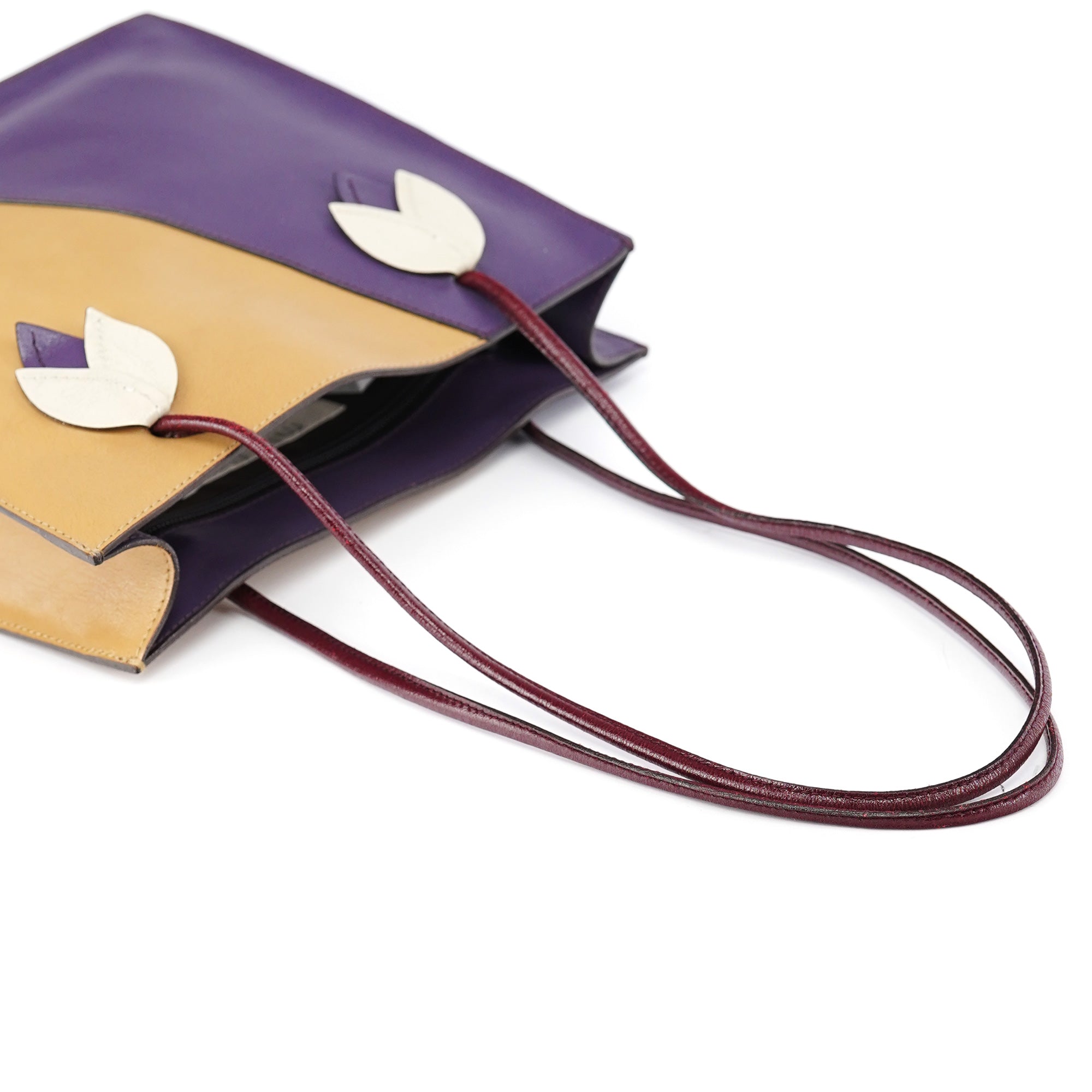 Purple Beige Leather Tote Bag