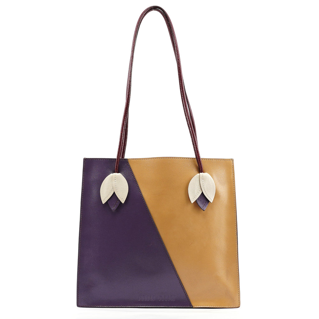 Purple Beige Leather Tote Bag