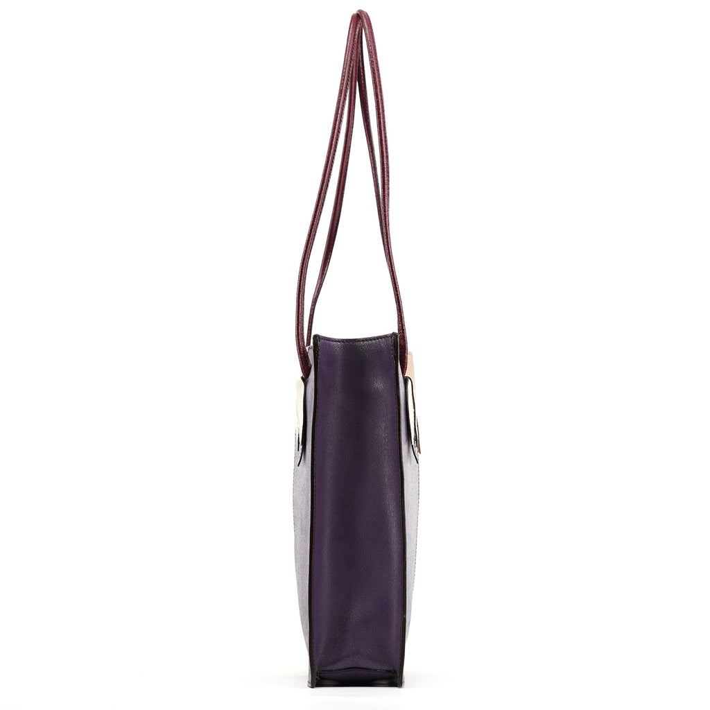 Purple Beige Leather Tote Bag