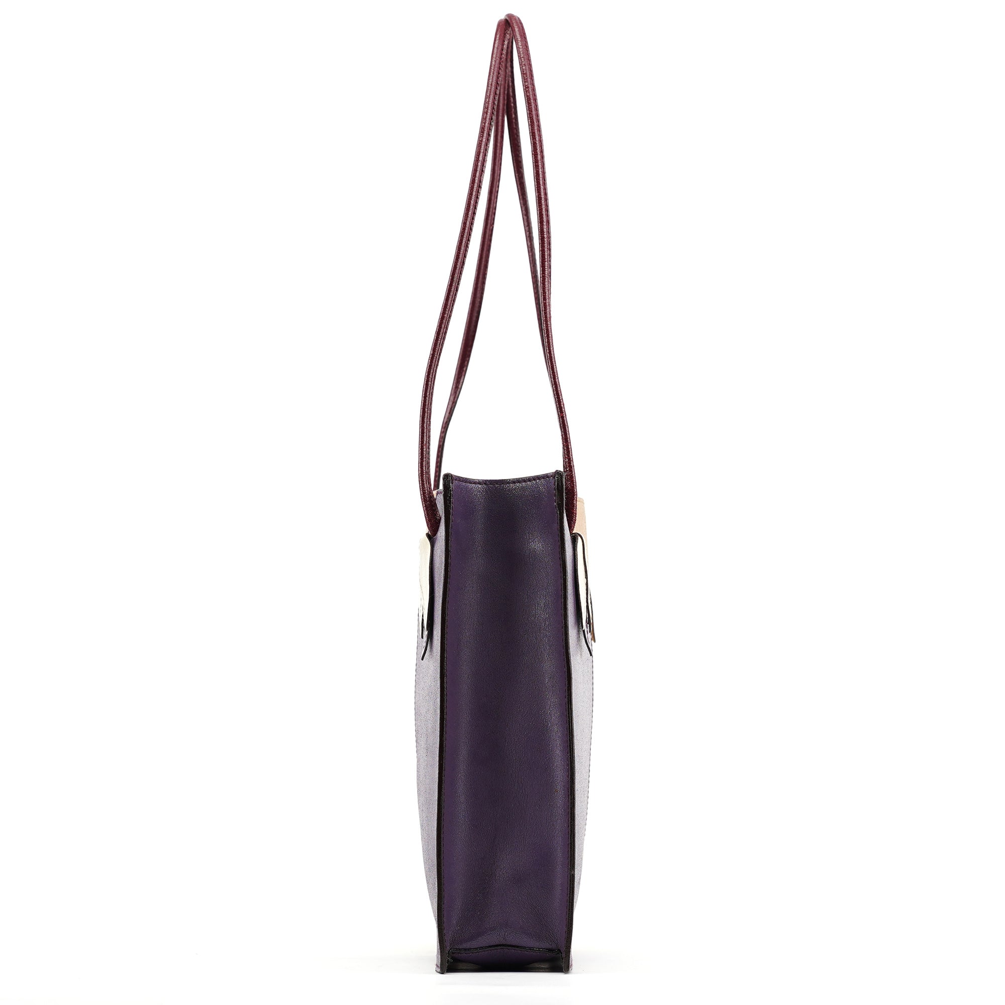 Purple Beige Leather Tote Bag
