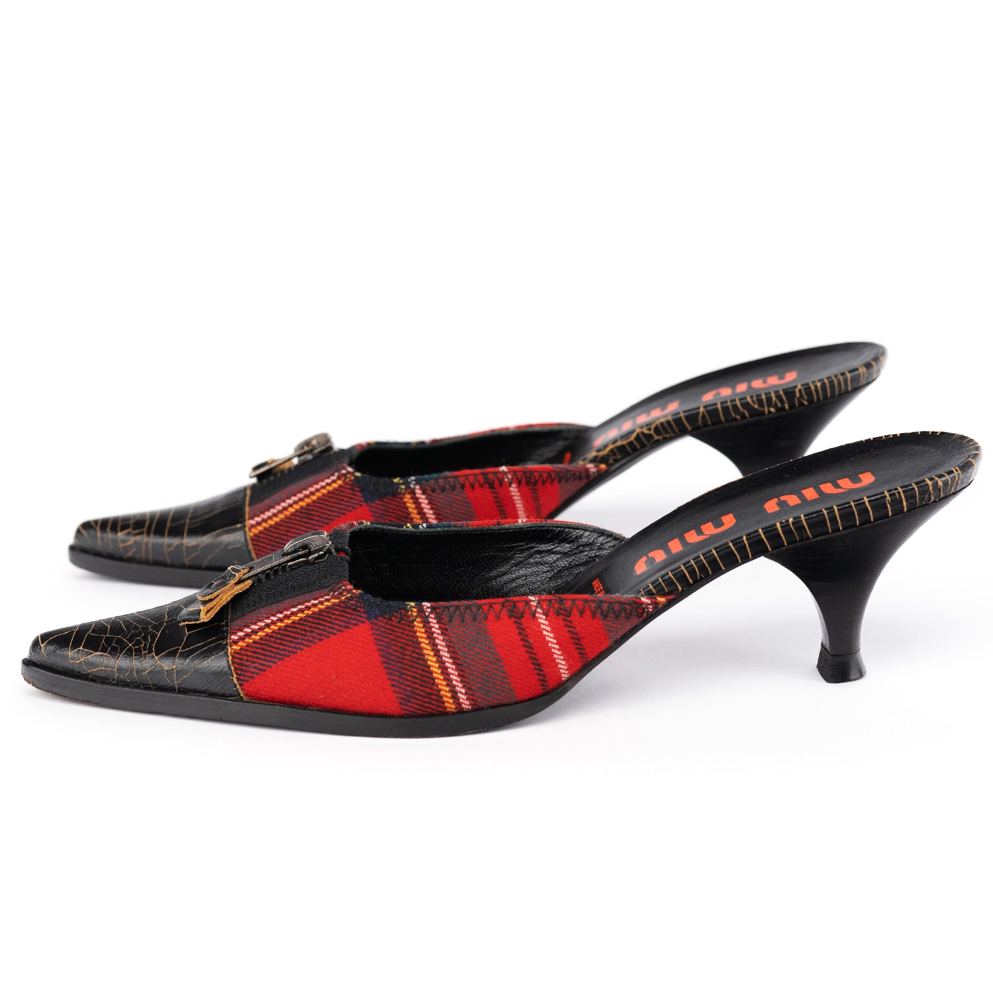 Tartan & Cracked Patent Leather Kitten Heel Mules