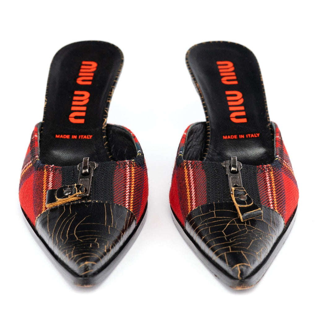 Tartan & Cracked Patent Leather Kitten Heel Mules