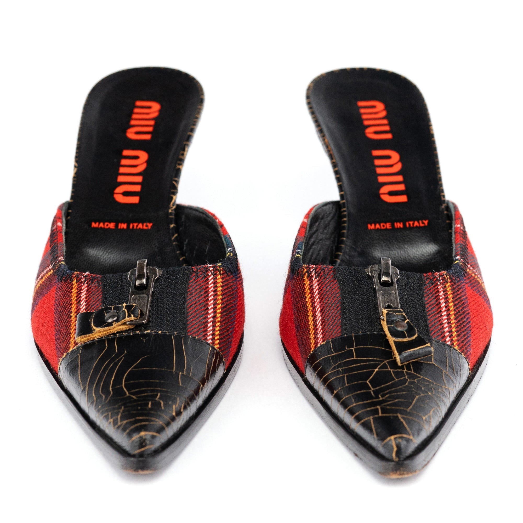 Tartan & Cracked Patent Leather Kitten Heel Mules