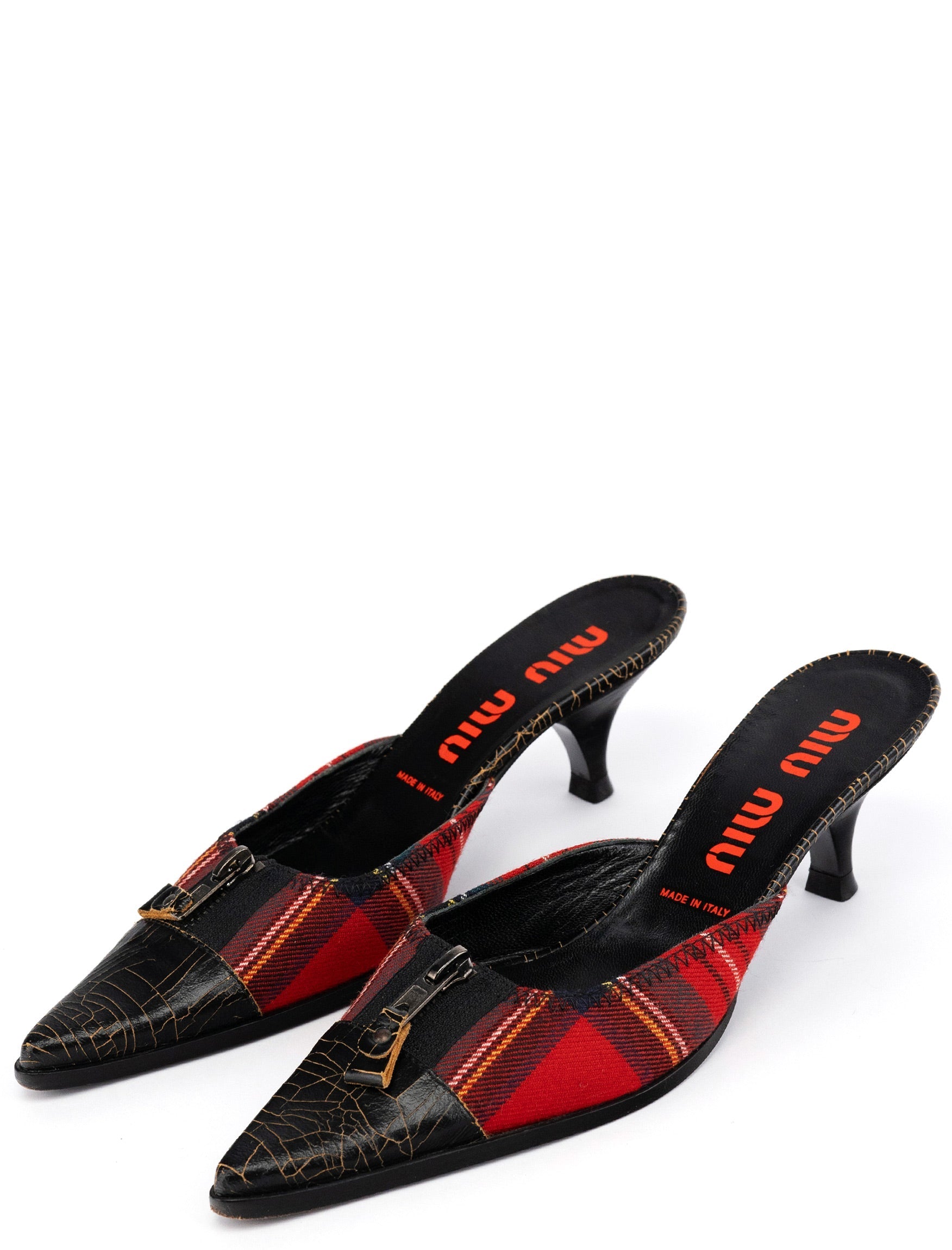 Tartan & Cracked Patent Leather Kitten Heel Mules