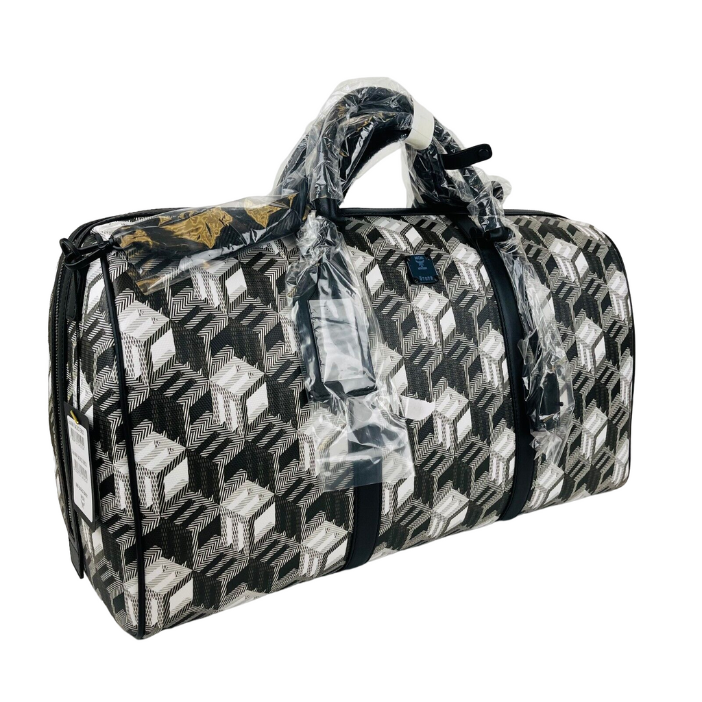 MCM Black/White Cubic Monogram Canvas Weekender Duffel Bag