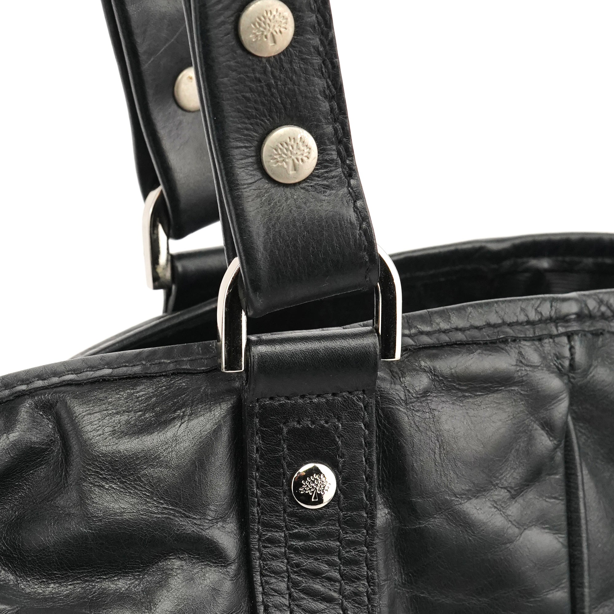 Black Leather Buckle Pocket Tote Bag